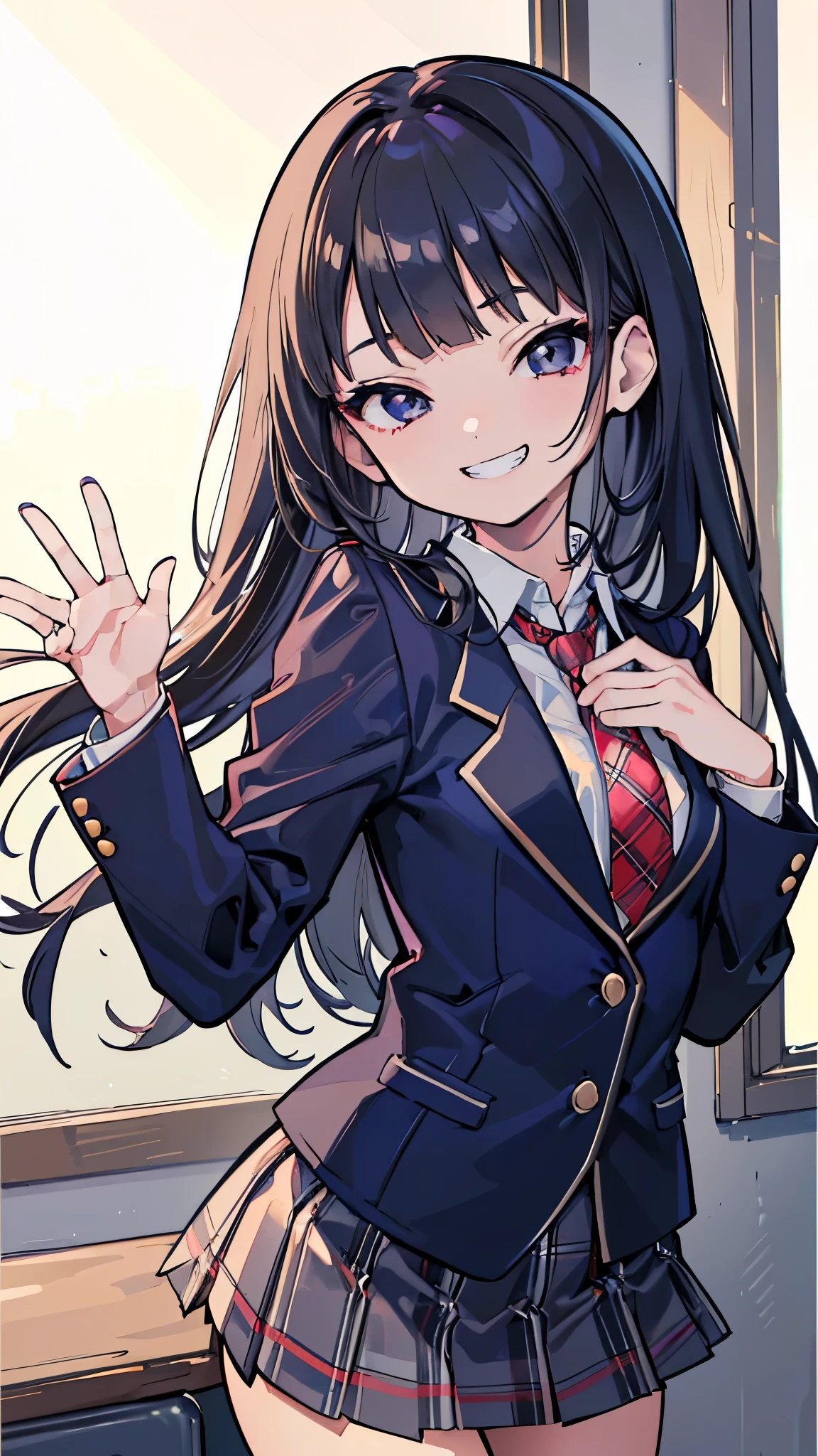 (8k、Best image quality、highest quality、masterpiece)、Detailed face、One girl、Black Hair、Long Hair、blunt bangs、Grey Eyes、evil smile、((Grin))、Small breasts、((White collared shirt))、tie、((Navy blue blazer))、((Plaid miniskirt))、Cowboy Shot、Classroom Background