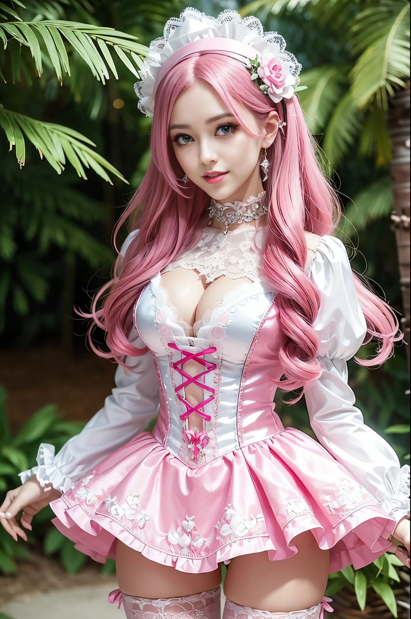 sexy stylish Swedish model, only 1 female, ((doll-like appearance)), long neon pink stylish hair, ((shiny Victorian-Style boots)), (big smile), very detailed eyes, vivid eye makeup, lipgloss, long lashes, defined eyebrows, ((sexy Paradise Kiss cosplay)), bell-shaped skirt, petticoats, high neckline, puffed sleeves, (( ultra detailed lace)), ((ultra detailed embroidery)), intricate details, Paradise Kiss accessoires and matching headpiece, choker, ((large sparkling Paradise Kiss jewelry)), cinematic light, detailed large park background with trees