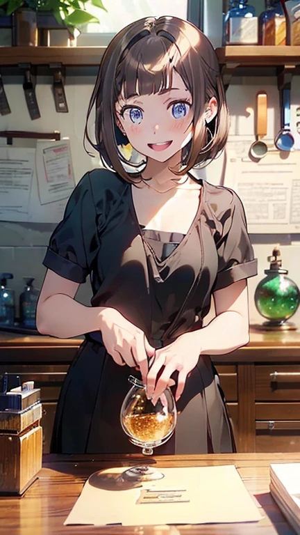 (highest quality:1.5),(8k,masterpiece, top quality, best quality,beautiful and aesthetic:1.2,professional illustrasion:1.1,ultra detail:1.3,perfect lighting),extremely detailed,highest detailed,incredibly absurdres , highres, ultra detailed,intricate:1.3,(Alchemy Workshop:1.4),A girl mixing,Medicine in many small bottles,colorful:1.4,zentangle,(1girl),(highly detailed beautiful face and eyes,firm breasts),real skin,((brown hair,short bob with short pony tail hair)),thin pubic hair:1.3,cute,lovely,,alchemist costume,smile,in the kitchen,smile,seductive weak smiling,(with sparkling eyes and a contagious smile),open mouth, Looking at Viewer,