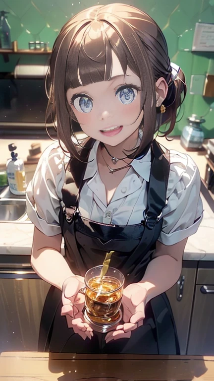 (highest quality:1.5),(8k,masterpiece, top quality, best quality,beautiful and aesthetic:1.2,professional illustrasion:1.1,ultra detail:1.3,perfect lighting),extremely detailed,highest detailed,incredibly absurdres , highres, ultra detailed,intricate:1.3,(Alchemy Workshop:1.4),A girl mixing,Medicine in many small bottles,colorful:1.4,zentangle,(1girl),(highly detailed beautiful face and eyes,firm breasts),real skin,((brown hair,short bob with short pony tail hair)),thin pubic hair:1.3,cute,lovely,,alchemist costume,smile,in the kitchen,smile,seductive weak smiling,(with sparkling eyes and a contagious smile),open mouth, Looking at Viewer,