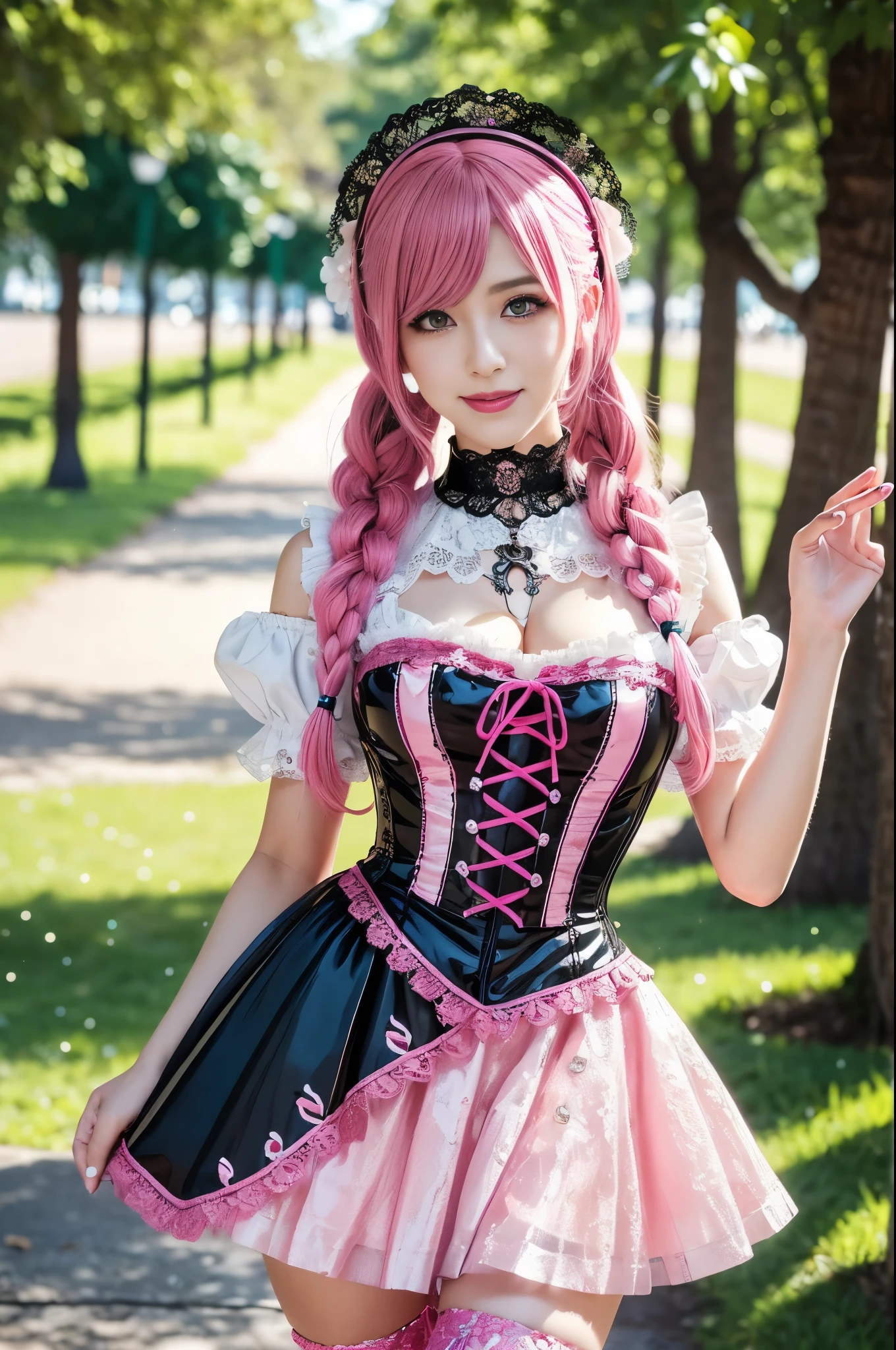 sexy stylish Swedish model, only 1 female, ((doll-like appearance)), long neon pink stylish hair, ((shiny Victorian-Style boots)), (big smile), very detailed eyes, vivid eye makeup, lipgloss, long lashes, defined eyebrows, ((sexy Paradise Kiss cosplay)), bell-shaped skirt, petticoats, high neckline, puffed sleeves, (( ultra detailed lace)), ((ultra detailed embroidery)), intricate details, Paradise Kiss accessoires and matching headpiece, choker, ((large sparkling Paradise Kiss jewelry)), cinematic light, detailed large park background with trees