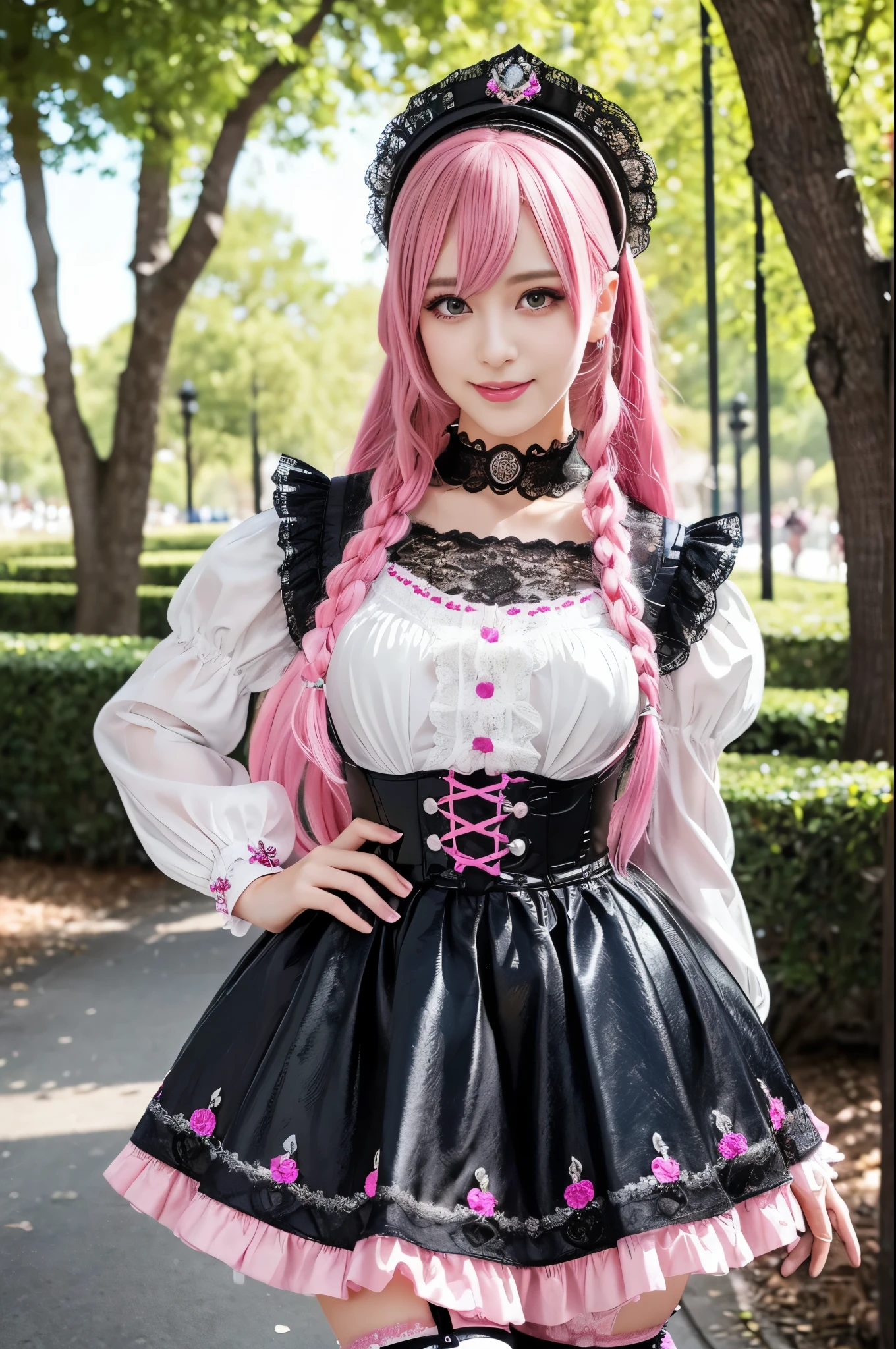 sexy stylish Swedish model, only 1 female, ((doll-like appearance)), long neon pink stylish hair, ((shiny Victorian-Style boots)), (big smile), very detailed eyes, vivid eye makeup, lipgloss, long lashes, defined eyebrows, ((sexy Paradise Kiss cosplay)), bell-shaped skirt, petticoats, high neckline, puffed sleeves, (( ultra detailed lace)), ((ultra detailed embroidery)), intricate details, Paradise Kiss accessoires and matching headpiece, choker, ((large sparkling Paradise Kiss jewelry)), cinematic light, detailed large park background with trees