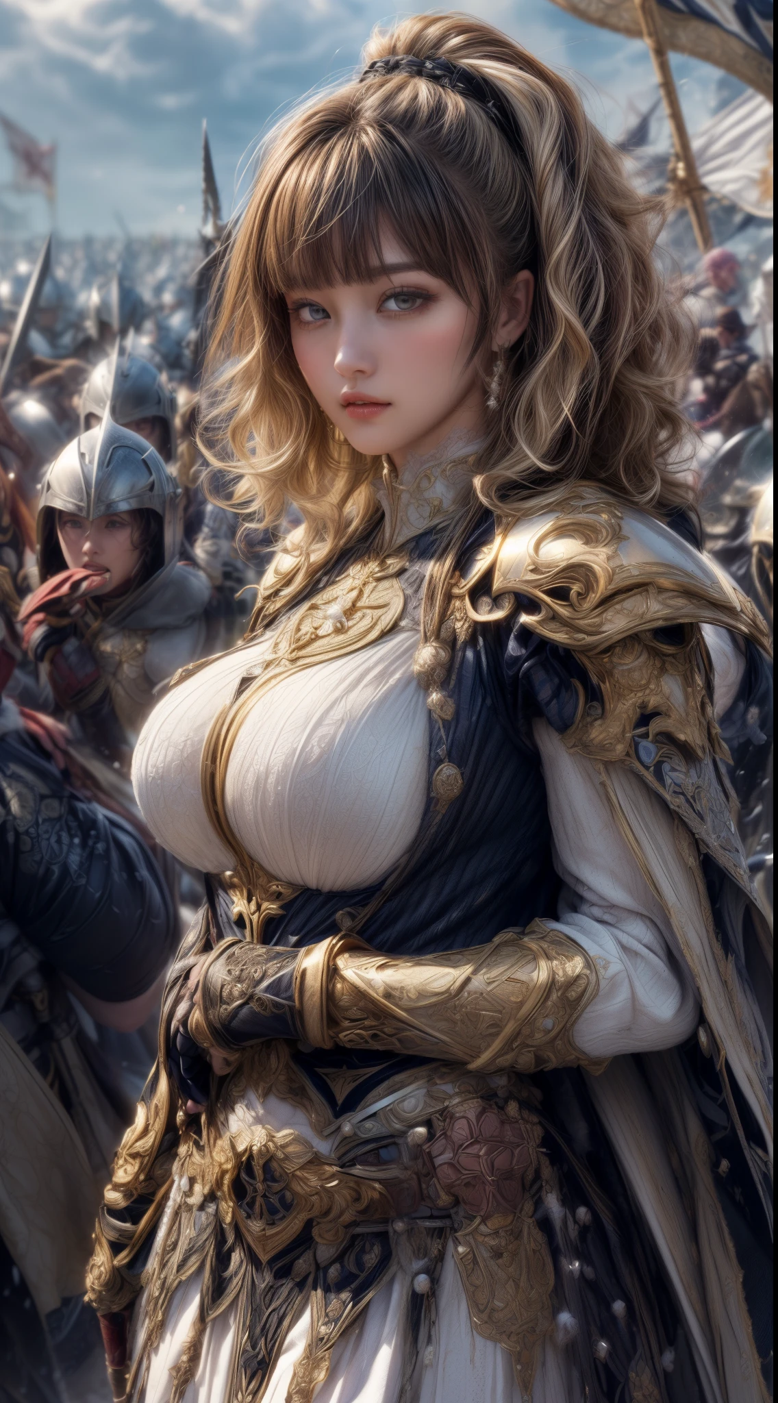 Very beautiful woman、Slender women、(Detailed face)、Realistic Skin、((holy knight)), ((Pearl White Armor))、((((Black armor with very fine and intricate decoration:1.1))))、((Delicate photo))，(Girl Astepeace RAW Photo Details:1.25), (highest quality:1.6), (超A high resolution:1.5), (Realistic:1.75), 8K resolution, Canon EOS R5, 50mm, Absurd, Ultra-detailed,Cinema Lighting,((battlefield))、((battle))、(((White skirt with embellishments)))、Thigh-high socks、Shin Guards、((Blonde))、((Curly Hair))、((Drill Hair))、((Wavy short hair with bangs,))、Get six-pack、Cape、Beautiful Armor、(((Has a huge weapon)))、(In combat)、The wind is blowing、((Symmetrical Armor))、((((Blizzard))))、(((Leading a large group of knights:1.2)))、Banner、