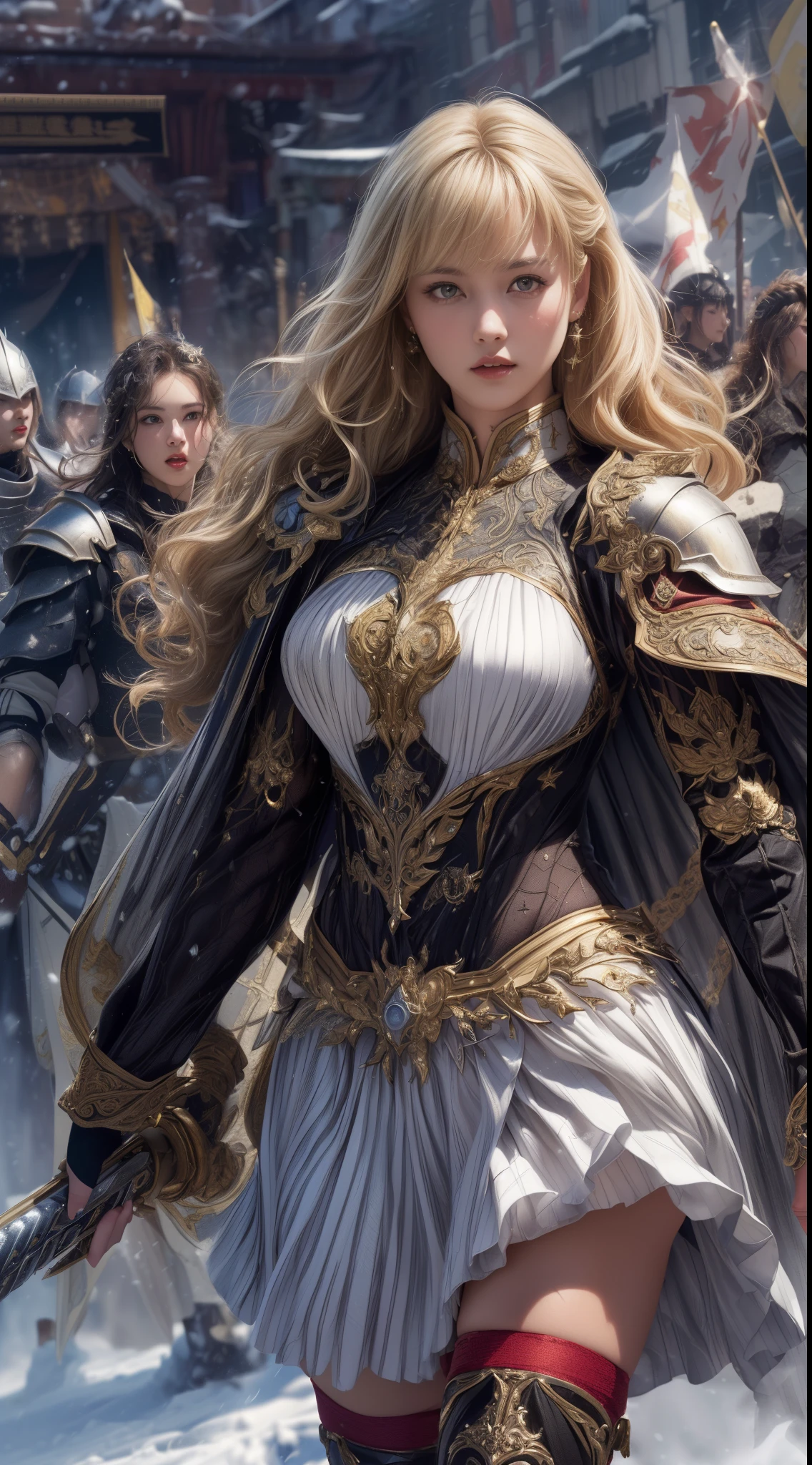 Very beautiful woman、Slender women、(Detailed face)、Realistic Skin、((holy knight)), ((Pearl White Armor))、((((Black armor with very fine and intricate decoration:1.1))))、((Delicate photo)),(Girl Astepeace RAW Photo Details:1.25), (highest quality:1.6), (超A high resolution:1.5), (Realistic:1.75), 8K resolution, Canon EOS R5, 50mm, Absurd, Ultra-detailed,Cinema Lighting,((battlefield))、((battle))、(((White skirt with embellishments)))、Thigh-high socks、Shin Guards、((Blonde))、((Curly Hair))、((Drill Hair))、((Wavy short hair with bangs,))、Get six-pack、Cape、Beautiful Armor、(((Has a huge weapon)))、(In combat)、The wind is blowing、((Symmetrical Armor))、((((Blizzard))))、(((Leading a large group of knights:1.2)))、Banner、
