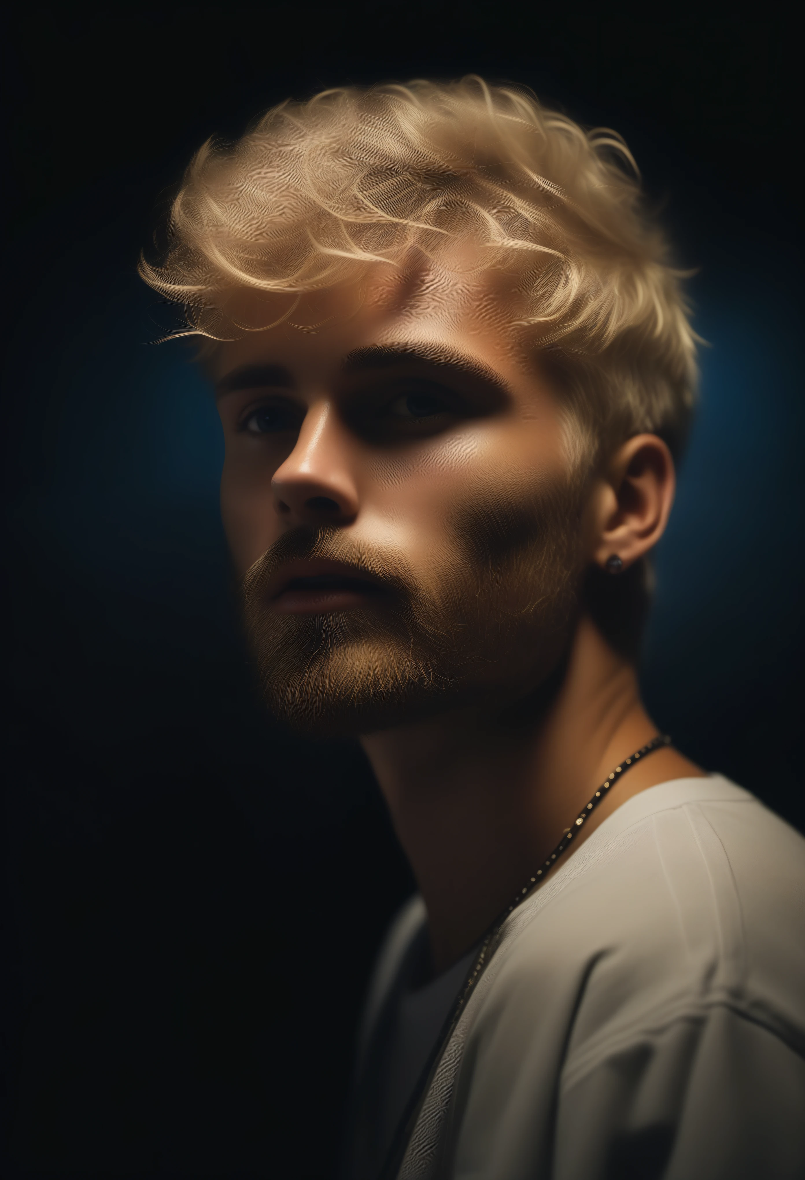 masterpiece, photographic art, photorealistic, precise focus, brilliant details, man, striking face, blond wavy short hair, short beard, european guy, rapper, performing on stage, stage light, band, audience, fog, backlight, colorful light