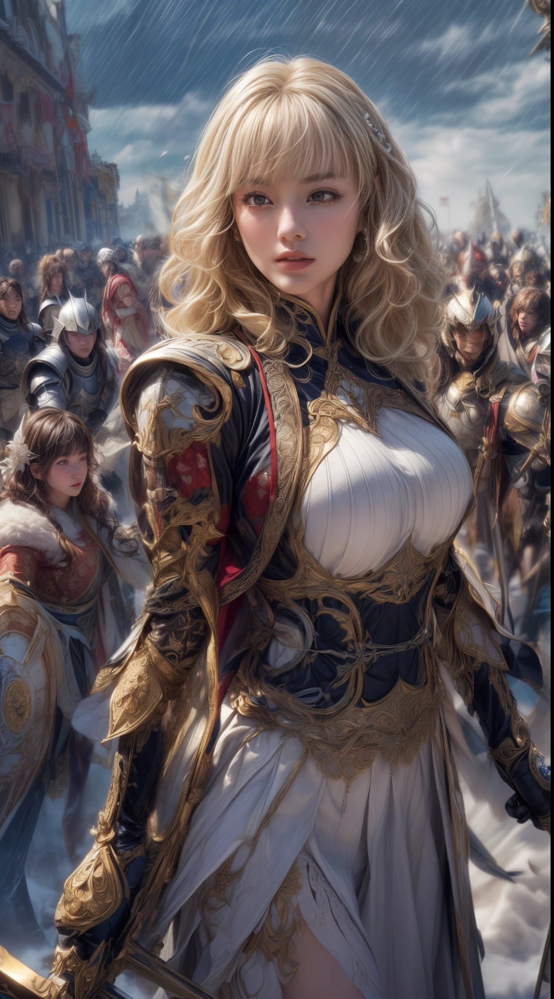 Very beautiful woman、Slender women、(Detailed face)、Realistic Skin、((holy knight)), ((Pearl White Armor))、((((Black armor with very fine and intricate decoration:1.1))))、((Delicate photo))，(Girl Astepeace RAW Photo Details:1.25), (highest quality:1.6), (超A high resolution:1.5), (Realistic:1.75), 8K resolution, Canon EOS R5, 50mm, Absurd, Ultra-detailed,Cinema Lighting,((battlefield))、((battle))、(((White skirt with embellishments)))、Thigh-high socks、Shin Guards、((Blonde))、((Curly Hair))、((Drill Hair))、((Wavy short hair with bangs,))、Get six-pack、Cape、Beautiful Armor、(((Has a huge weapon)))、(In combat)、The wind is blowing、((Symmetrical Armor))、((((Blizzard))))、(((Leading a large group of knights:1.2)))、Banner、