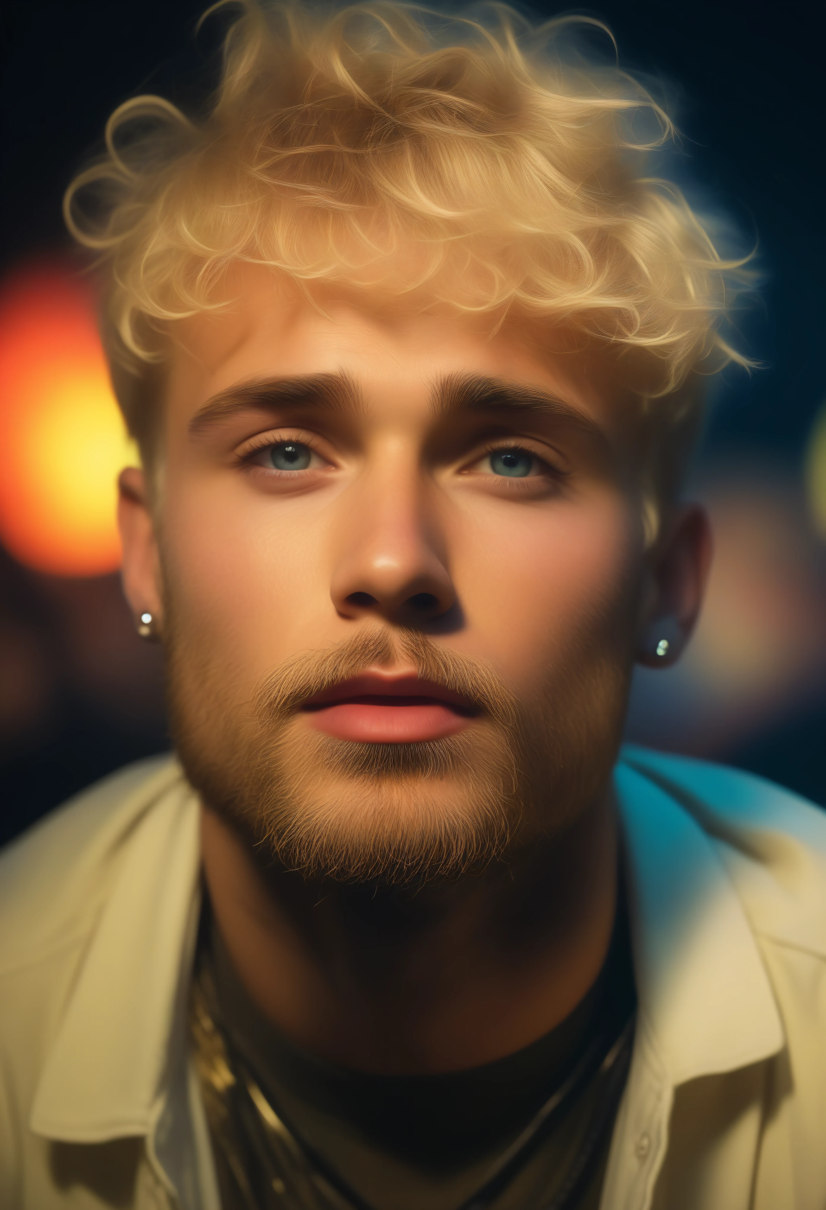 masterpiece, photographic art, photorealistic, precise focus, brilliant details, man, striking face, blond wavy short hair, short beard, european guy, rapper, performing on stage, stage light, band, audience, fog, backlight, colorful light