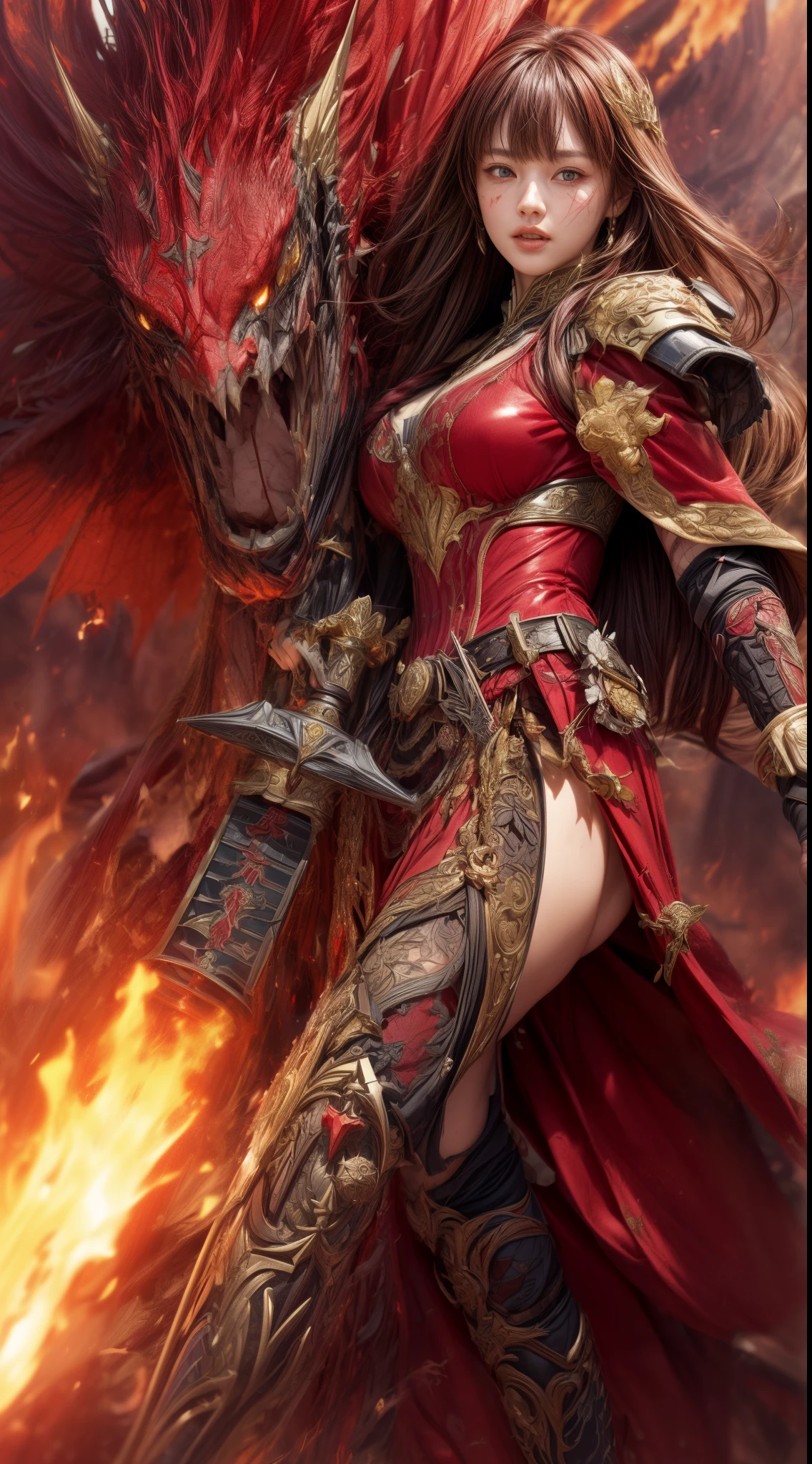Very beautiful woman、Slender women、(Detailed face)、Realistic Skin、((Knight of Fire)), (((Red Armor:1.25)))、((((Black armor with very fine and intricate decoration))))、((Delicate photo)),(Girl Astepeace RAW Photo Details:1.25), (highest quality:1.6), (超A high resolution:1.5), (Realistic:1.75), 8K resolution, Canon EOS R5, 50mm, Absurd, Ultra-detailed,Cinema Lighting,Battlefields of Medieval Europe、((battle))、RPG World、Final Fantasy、(((Embellished skirt)))、Thigh-high socks、Shin Guards、night、((too long bangs))、((One long thick dark red hair braid))、Get six-pack、Torn Cloak、Beautiful Armor、(((Giant Sword)))、In combat、The wind is blowing、(((Inferno filling the entire area)))、(((Leading a large group of red knights)))、(((Knight Commander)))、Armor with a Phoenix motif、Old scar on right cheek:1.2、((Fire blaze))