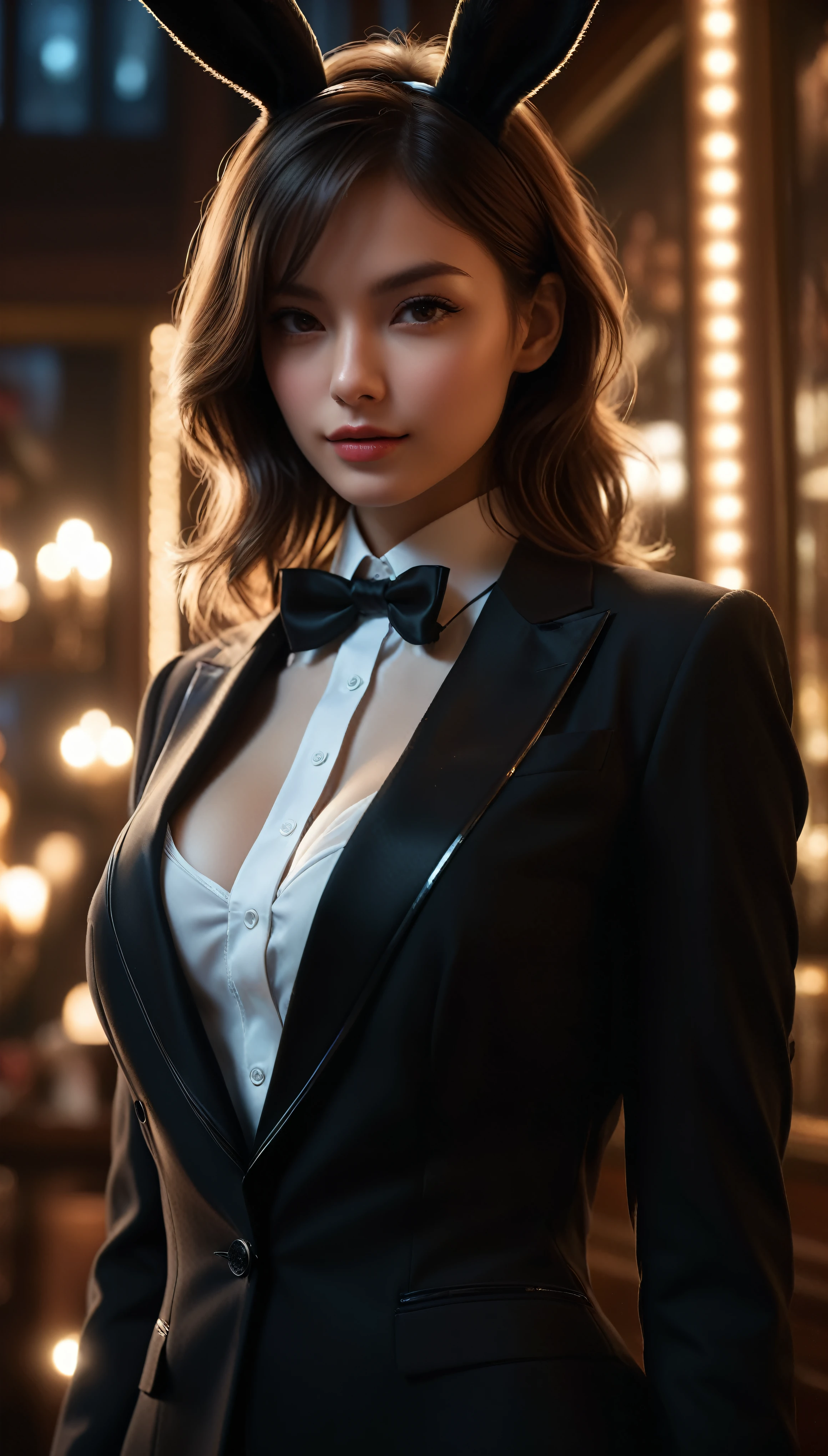 ((Masterpiece in maximum 16K resolution):1.6),((soft_color_photograpy:)1.5), ((Ultra-Detailed):1.4),((Movie-like still images and dynamic angles):1.3). | ((cinematic photo of beautiful playboy bunny wearing her tuxedo suit with her cute rabbit):1.3), (Beautiful playboy bunny), (wearing playboy tuxedo suit), ((focus on the rabbit):1.2), (cinematic lens), (glitters), (glamourous shot), (luminous object), (Party atmosphere), (shimmer), (visual experience),(Realism), (Realistic),award-winning graphics, dark shot, film grain, extremely detailed, Digital Art, rtx, Unreal Engine, scene concept anti glare effect, All captured with sharp focus. | Rendered in ultra-high definition with UHD and retina quality, this masterpiece ensures anatomical correctness and textured skin with super detail. With a focus on high quality and accuracy, this award-winning portrayal captures every nuance in stunning 16k resolution, immersing viewers in its lifelike depiction. | ((perfect_composition, perfect_design, perfect_layout, perfect_detail, ultra_detailed)), ((enhance_all, fix_everything)), More Detail, Enhance.