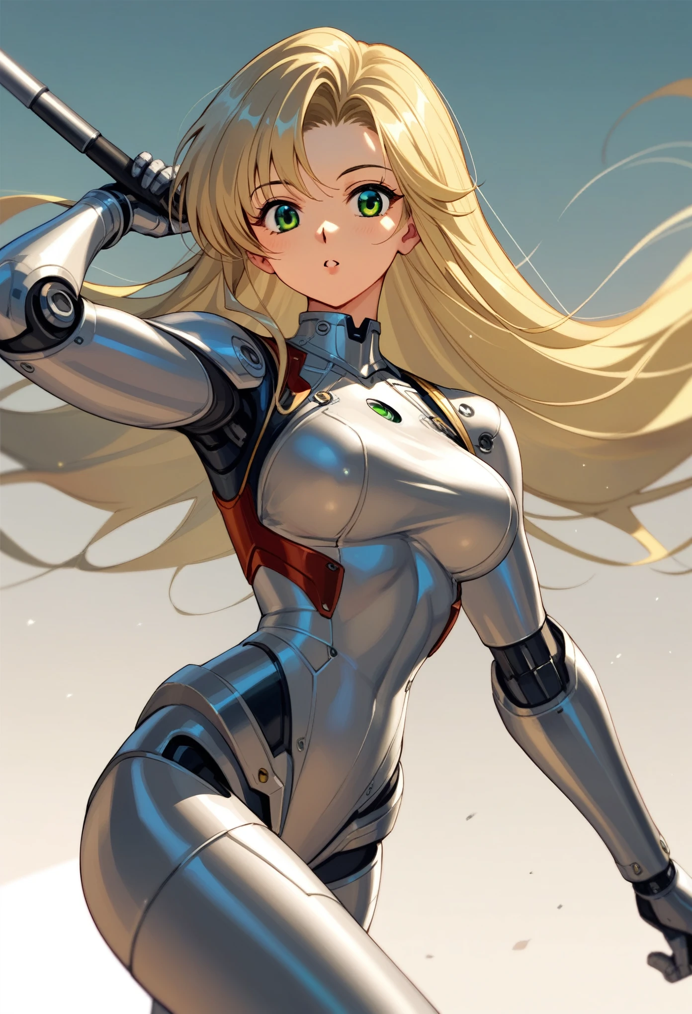 1girl,solo,Sala,original,blonde hair ,green eyes,silver bodysuit,hero bodysuit,metallic clothes,ultra-detailed,sharp focus,aesthetic,(best quality) ,score_9, score_8_up, score_7_up,source_anime,rating_safe,(((retro artstyle)))