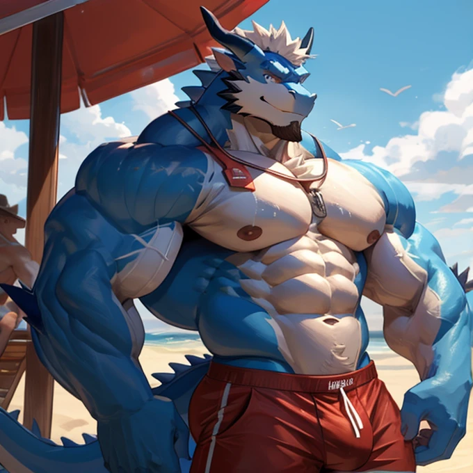 A big strong muscular huge male blue dragon with a huge massive penis in a beach working as a lifeguard he is looking at you,he only has a really short red pant,he is shirtless,he is showing his huge strong muscular abs,pecs and arms to you,he does not have any shirt on,he is all wet,he is very muscular,he is showing you his muscular pecs and arm
