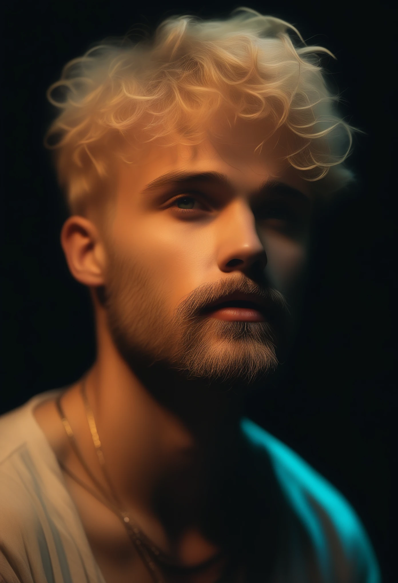 masterpiece, photographic art, photorealistic, precise focus, brilliant details, half-body picture, man, striking face, blond wavy short hair, short beard, european guy, rapper, performing on stage, stage light, band, audience, fog, backlight, colorful light