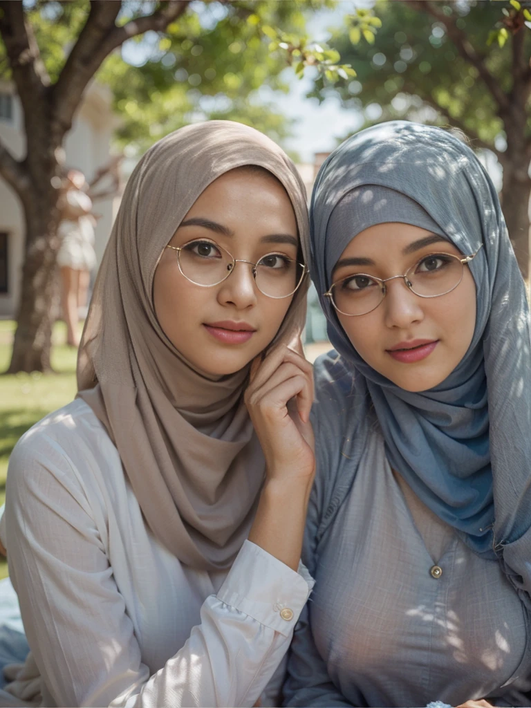 (2women:1.5), two indonesian women, (wearing long hijab closed breast:1.4, long dress with long sleeves, classical glasses), (elegant sitting pose:1.4) on grass field with colourful flowers, beautiful detailed eyes, grey blue eyes, beautiful face, peaceful smiles, voluptuous postures, low angle view, seen from below, (extreme close up), sunlight streaming through the leaves, cool blue tones, cheerful ambient, colorful atmosphere, vibrant colors, natural beauty, youthful energy