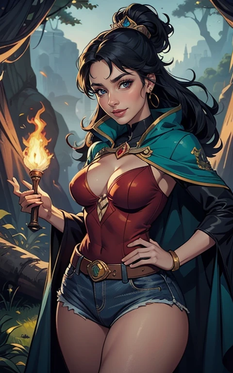 (masterpiece, top quality, best quality, official art, beautiful and aesthetic:1.2), (1girl:1.3), long and curly dark brown hair, extremely detailed, portrait, looking at viewer, solo, (full body:0.6), detailed background, close up, mischievous eyes, (warm summer castle theme:1.1), sorceress, charlatan, smirk, mysterious, walking in courtyard, revealing ((dark red)) sorcerer attire, red knee-length red skirt, off shoulder, straps, long sleeves, loose sleeves, cloak, corset, black leggings, black trousers, black pants, long brown boots, buckles, straps, pouches, glowing magical energy, casting a spell, red fabric, white trim, gigantic breasts, cleavage, skindentation, slim waist, slim hips, long legs, medieval (castle exterior:1.1) background, dark mysterious lighting, shadows, magical atmosphere, dutch angle, (((Balsamique)))