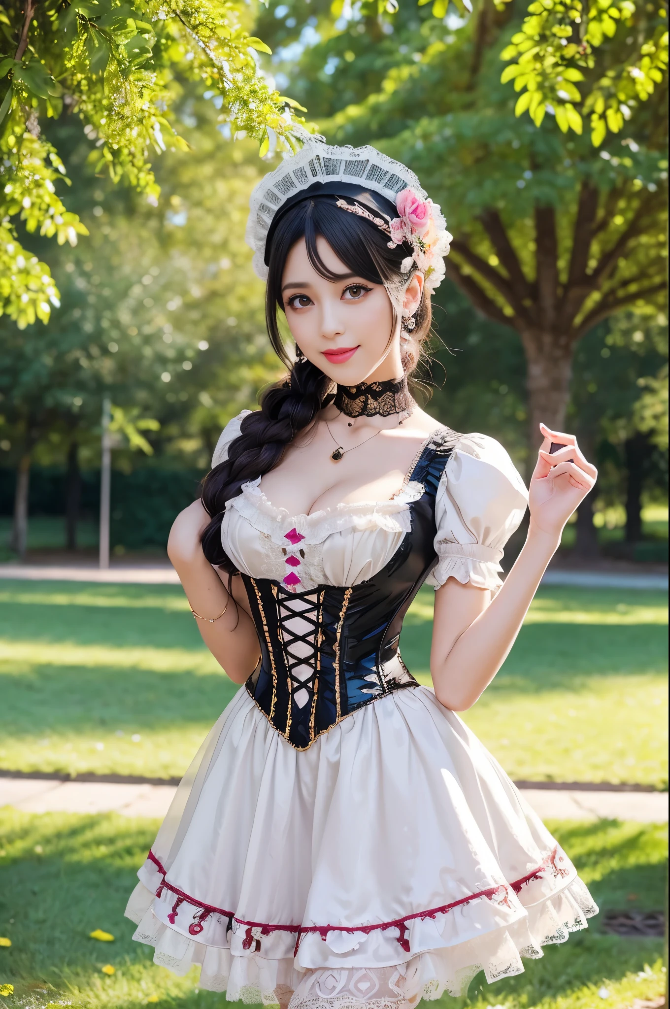 sexy stylish Spanish model, only 1 female, ((doll-like appearance)), ((very detailed Victorian-Style boots)), (big smile), very detailed eyes, vivid eye makeup, lipgloss, long lashes, defined eyebrows, ((sexy Paradise Kiss cosplay)), bell-shaped skirt, petticoats, high neckline, puffed sleeves, ((very detailed lace)), ((very detailed embroidery)), intricate details, Paradise Kiss accessoires and matching headpiece, Paradise Kiss choker, ((large sparkling Paradise Kiss jewelry)), cinematic light, detailed large park background with trees