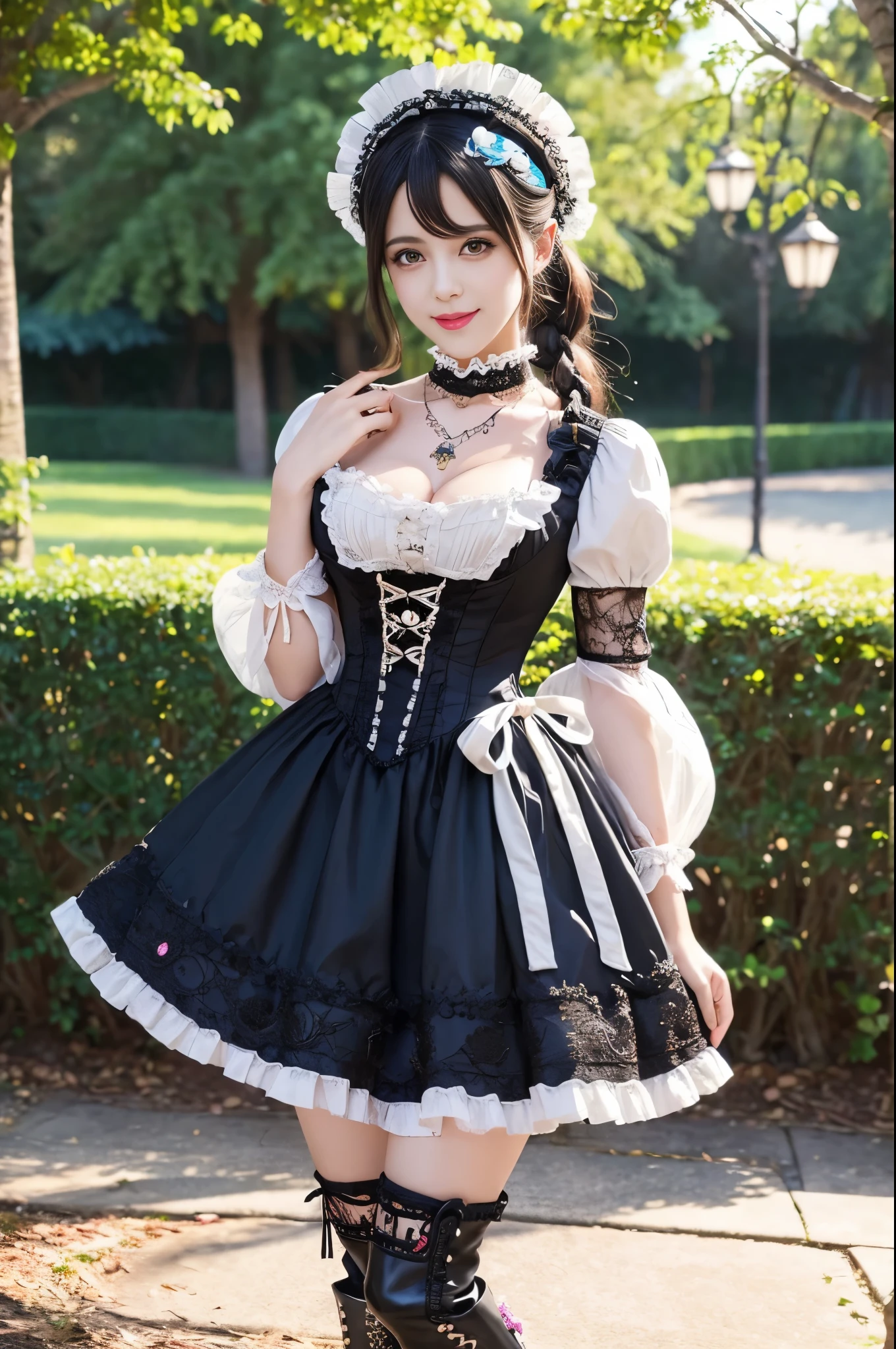 sexy stylish Spanish model, only 1 female, ((doll-like appearance)), ((very detailed Victorian-Style boots)), (big smile), very detailed eyes, vivid eye makeup, lipgloss, long lashes, defined eyebrows, ((sexy Paradise Kiss cosplay)), bell-shaped skirt, petticoats, high neckline, puffed sleeves, ((very detailed lace)), ((very detailed embroidery)), intricate details, Paradise Kiss accessoires and matching headpiece, Paradise Kiss choker, ((large sparkling Paradise Kiss jewelry)), cinematic light, detailed large park background with trees