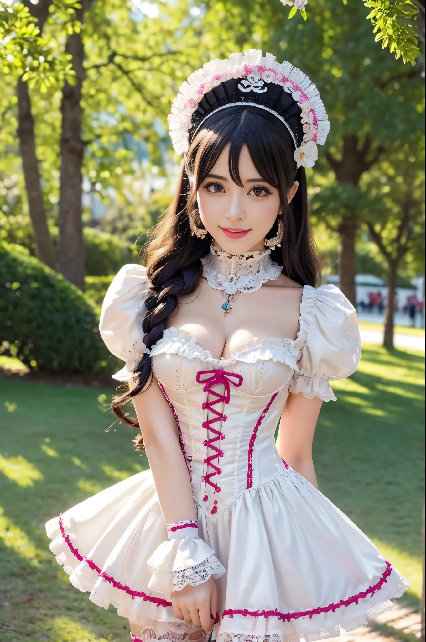 sexy stylish Spanish model, only 1 female, ((doll-like appearance)), ((very detailed Victorian-Style boots)), (big smile), very detailed eyes, vivid eye makeup, lipgloss, long lashes, defined eyebrows, ((sexy Paradise Kiss cosplay)), bell-shaped skirt, petticoats, high neckline, puffed sleeves, ((very detailed lace)), ((very detailed embroidery)), intricate details, Paradise Kiss accessoires and matching headpiece, Paradise Kiss choker, ((large sparkling Paradise Kiss jewelry)), cinematic light, detailed large park background with trees