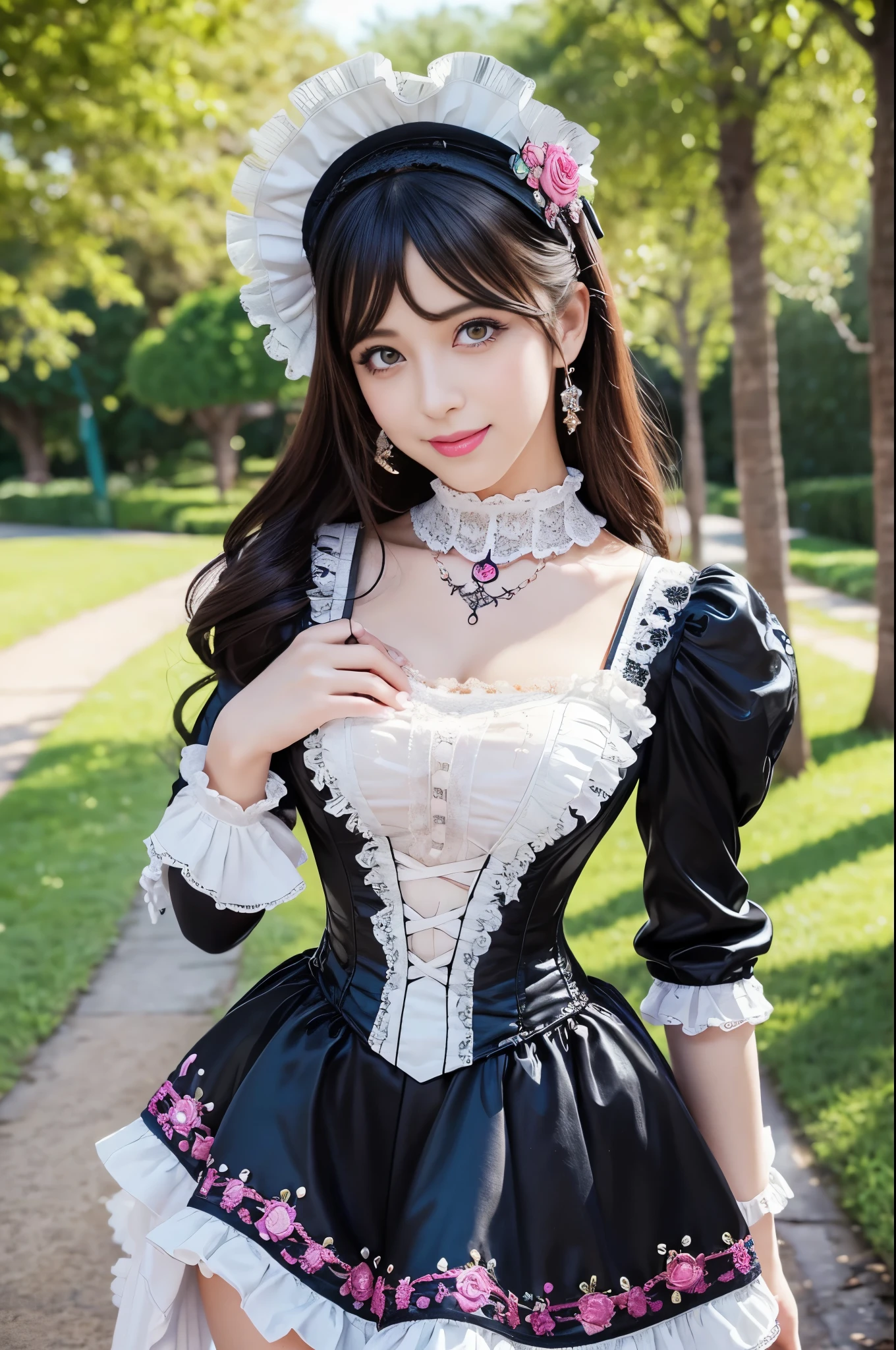 sexy stylish Spanish model, only 1 female, ((doll-like appearance)), ((very detailed Victorian-Style boots)), (big smile), very detailed eyes, vivid eye makeup, lipgloss, long lashes, defined eyebrows, ((sexy Paradise Kiss cosplay)), bell-shaped skirt, petticoats, high neckline, puffed sleeves, ((very detailed lace)), ((very detailed embroidery)), intricate details, Paradise Kiss accessoires and matching headpiece, Paradise Kiss choker, ((large sparkling Paradise Kiss jewelry)), cinematic light, detailed large park background with trees