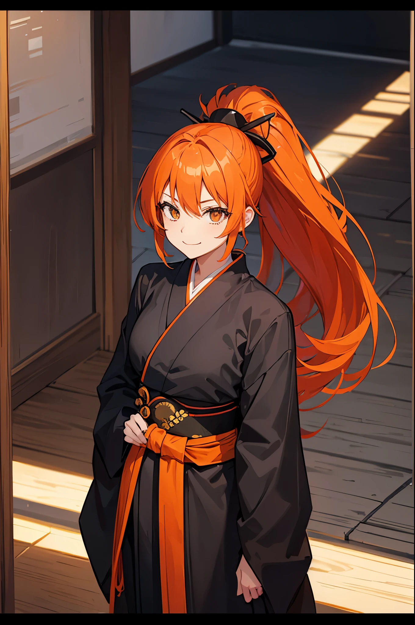 girl, orange hair, long hair, ponytail, black shihakusho, black kimono, black hakama, smile