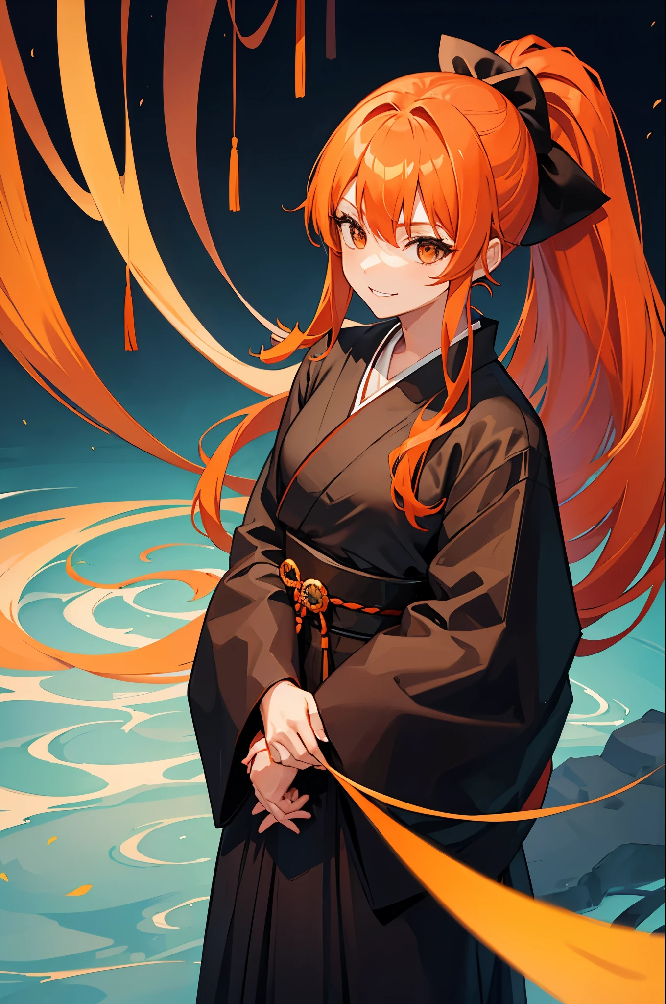 girl, orange hair, long hair, ponytail, black shihakusho, black kimono, black hakama, smile