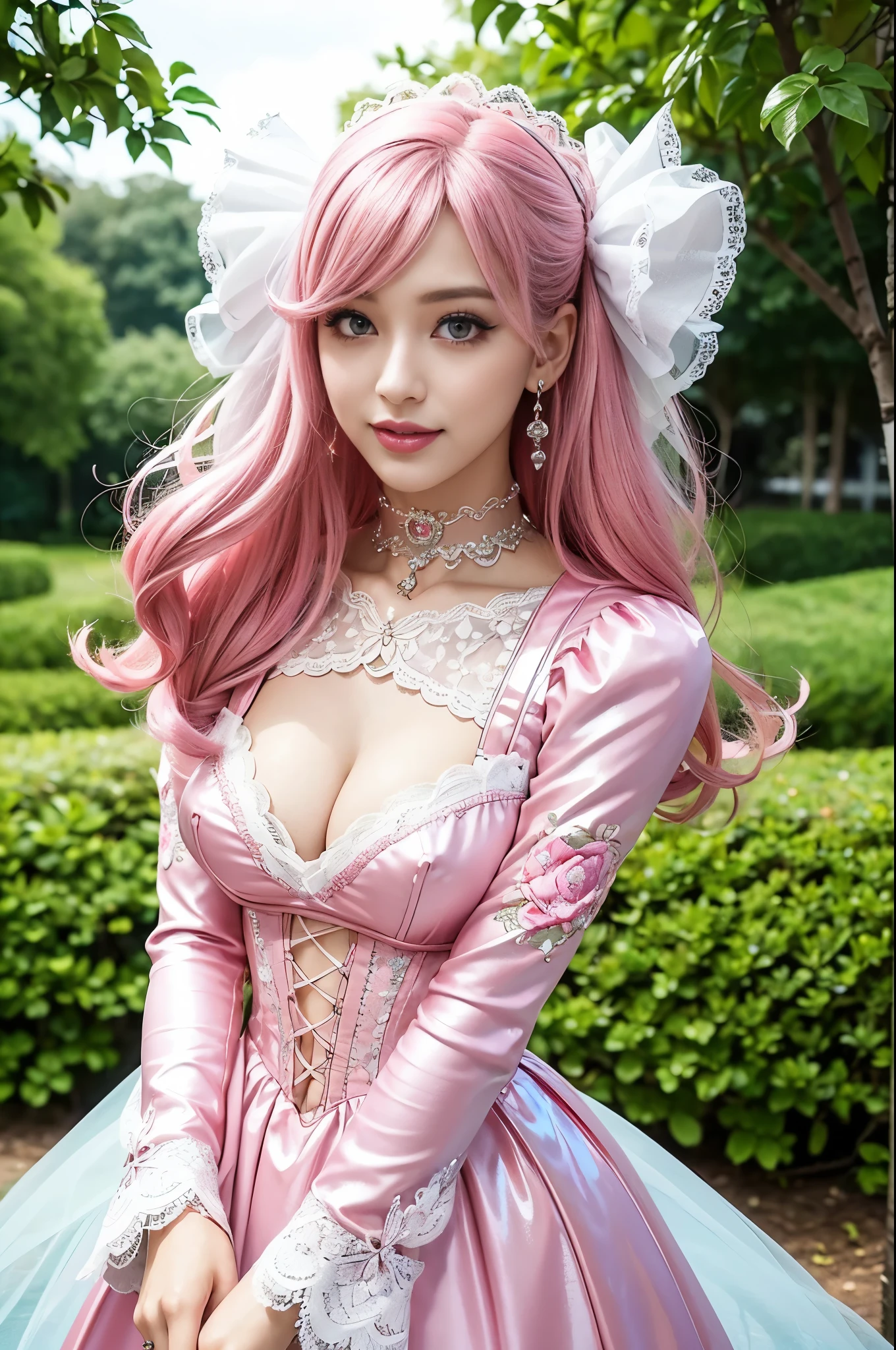 sexy stylish Swedish model, only 1 female, ((doll-like appearance)), long neon pink stylish hair, ((shiny Victorian-Style boots)), (big smile), ultra detailed eyes, very detailed eye makeup, lipgloss, long lashes, defined eyebrows, ((sexy Paradise Kiss cosplay)), bell-shaped skirt, petticoats, high neckline, puffed sleeves, ((ultra detailed lace)), ((ultra detailed embroidery)), intricate details, Paradise Kiss accessoires and matching headpiece, choker, ((large sparkling Paradise Kiss jewelry)), cinematic light, detailed large park background with trees