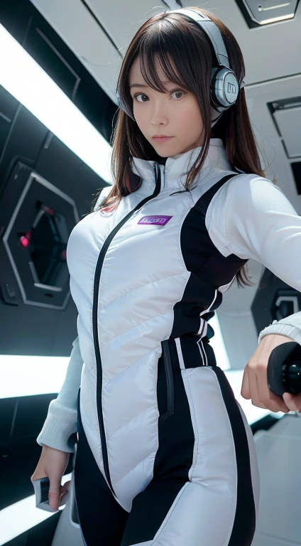 highest quality, Ultra-high resolution, (Realistic: 1.4), Inside the space station, Fitness Area, Astronaut training equipment, Zero Gravity Treadmill, Resistance Band Training Equipment, Floating Dumbbell, LED lighting, Wide々and space, Wall-mounted screen, Fitness equipment storage, Large windows with natural light, Globe seen from the window, Futuristic Design, And the fine details.
In the foreground, Young woman in futuristic training wear, Designed for space. She's stylish, Form-fitting silver and black exercise suit with reflective details, Ideal for zero gravity training. Her hair is tied in a high ponytail, She has a focused yet determined look on her face..
She is in training, standing on the Zero Gravity Treadmill, She is doing curls while holding a floating dumbbell in one hand. Her posture is strong and balanced, Showing off her fitness and poise. The camera angle is a little low, Capture her whole body in a dynamic pose, Highlighting the futuristic workout gear and advanced fitness equipment around her.
The background is the spacious Fitness Area of the space station, with LED lighting highlighting the advanced machinery. Large windows let in plenty of natural light, A spectacular view of the Earth, It creates a breathtaking contrast between the high-tech interior and the natural beauty of the space..