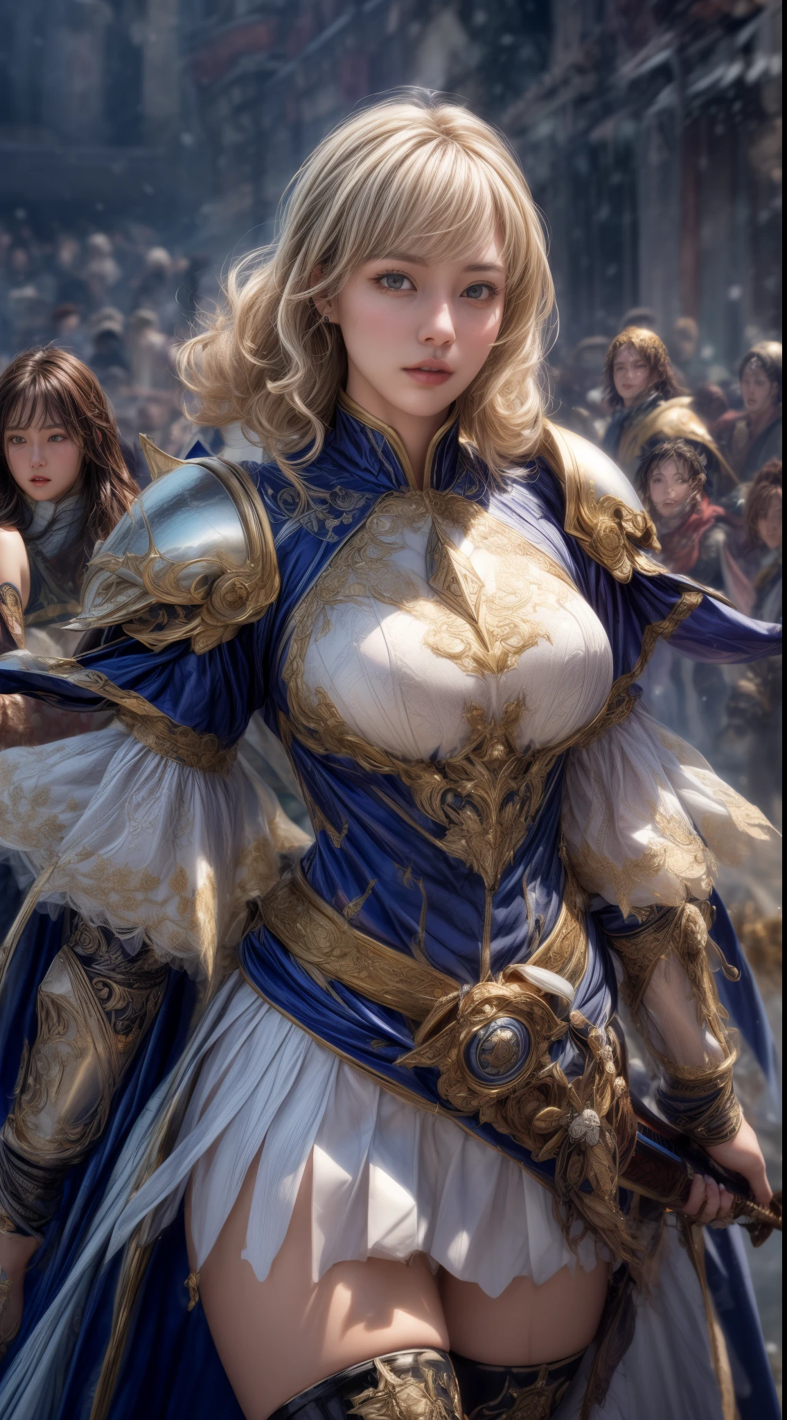 Very beautiful woman、Slender women、(Detailed face)、Realistic Skin、((holy knight)), ((Pearl White Armor))、((((Black armor with very fine and intricate decoration:1.1))))、((Delicate photo))，(Girl Astepeace RAW Photo Details:1.25), (highest quality:1.6), (超A high resolution:1.5), (Realistic:1.75), 8K resolution, Canon EOS R5, 50mm, Absurd, Ultra-detailed,Cinema Lighting,((battlefield))、((battle))、(((White skirt with embellishments)))、Thigh-high socks、Shin Guards、((Blonde))、((Curly Hair))、((Drill Hair))、((Wavy short hair with bangs,))、Get six-pack、Cape、Beautiful Armor、(((Has a huge weapon)))、(In combat)、The wind is blowing、((Symmetrical Armor))、((((Blizzard))))、(((Leading a large group of knights:1.2)))、Banner、Armor inspired by the ice goddess