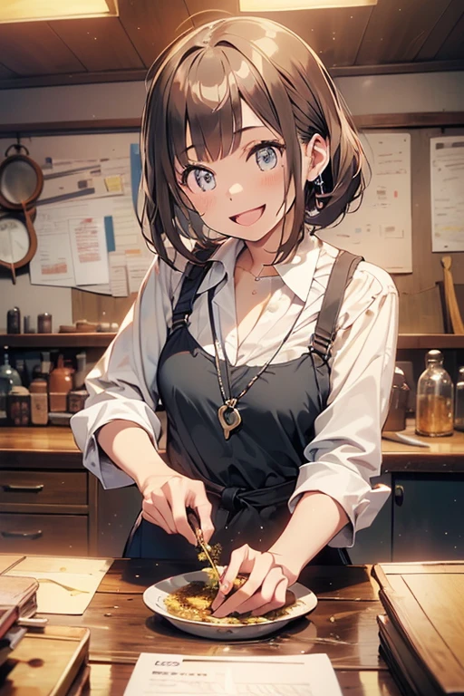(highest quality:1.5),(8k,masterpiece, top quality, best quality,beautiful and aesthetic:1.2,professional illustrasion:1.1,ultra detail:1.3,perfect lighting),extremely detailed,highest detailed,incredibly absurdres , highres, ultra detailed,intricate:1.3,(Alchemy Workshop:1.4),A girl mixing,Medicine in many small bottles,colorful:1.4,zentangle,(1girl),(highly detailed beautiful face and eyes,firm breasts),real skin,((brown hair,short bob with short pony tail hair)),thin pubic hair:1.3,cute,lovely,17 years old,alchemist costume,smile,in the kitchen,smile,seductive weak smiling,(with sparkling eyes and a contagious smile),open mouth, Looking at Viewer,
