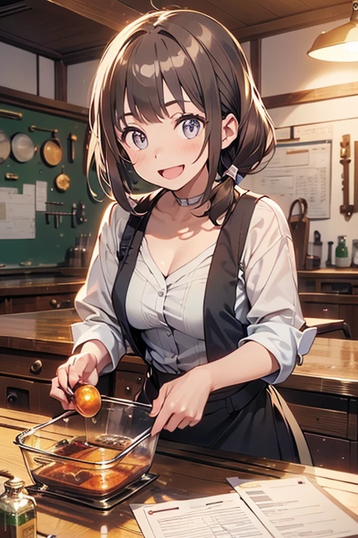 (highest quality:1.5),(8k,masterpiece, top quality, best quality,beautiful and aesthetic:1.2,professional illustrasion:1.1,ultra detail:1.3,perfect lighting),extremely detailed,highest detailed,incredibly absurdres , highres, ultra detailed,intricate:1.3,(Alchemy Workshop:1.4),A girl mixing,Medicine in many small bottles,colorful:1.4,zentangle,(1girl),(highly detailed beautiful face and eyes,firm breasts),real skin,((brown hair,short bob with short pony tail hair)),thin pubic hair:1.3,cute,lovely,,alchemist costume,smile,in the kitchen,smile,seductive weak smiling,(with sparkling eyes and a contagious smile),open mouth, Looking at Viewer,
