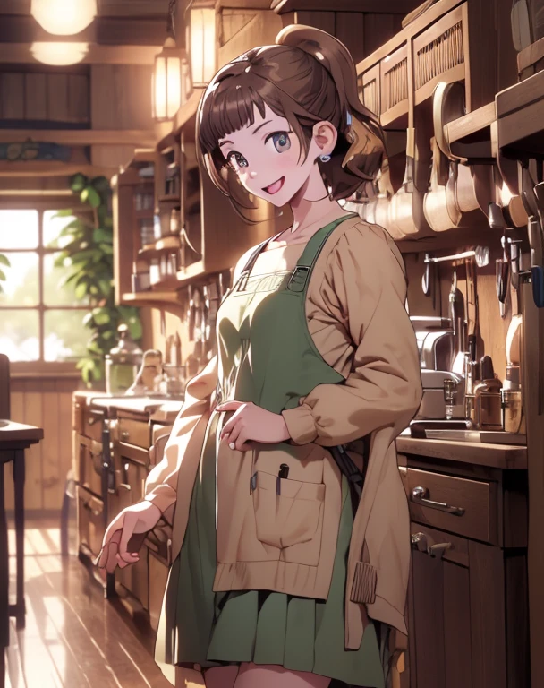 (highest quality:1.5),(8k,masterpiece, top quality, best quality,beautiful and aesthetic:1.2,professional illustrasion:1.1,ultra detail:1.3,perfect lighting),extremely detailed,highest detailed,incredibly absurdres , highres, ultra detailed,intricate:1.3,(Alchemy Workshop:1.4),A girl mixing,Medicine in many small bottles,colorful:1.4,zentangle,(1girl),(highly detailed beautiful face and eyes,firm breasts),real skin,((brown hair,short bob with short pony tail hair)),thin pubic hair:1.3,cute,lovely,17 years old,alchemist costume,smile,in the kitchen,smile,seductive weak smiling,(with sparkling eyes and a contagious smile),open mouth, Looking at Viewer,
