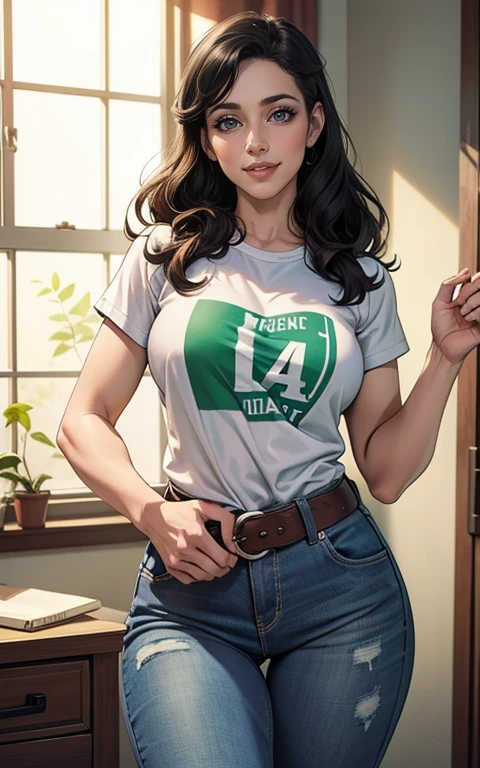 mulher de 35 anos, Jennifer Connelly very long to the waist and half curly with bangs, seios pequenos, olhos grandes com um brilho apaixonado, olhos verdes mel, Um lindo sorriso, vestindo uma camiseta preta longa com um terno feminino verde e jeans, in a serious and sweet comic-style pose, alta qualidade Jennifer Connelly (estilo de desenho animado:1.2),  [(lindas mulheres de meia idade]) desenho de vestindo um moletom folgado e oversized, grande sorriso, olhos perfeitos, rosto detalhado, fundo de festa, pose divertida, olhar sedutor, confete, fundo branco simples 