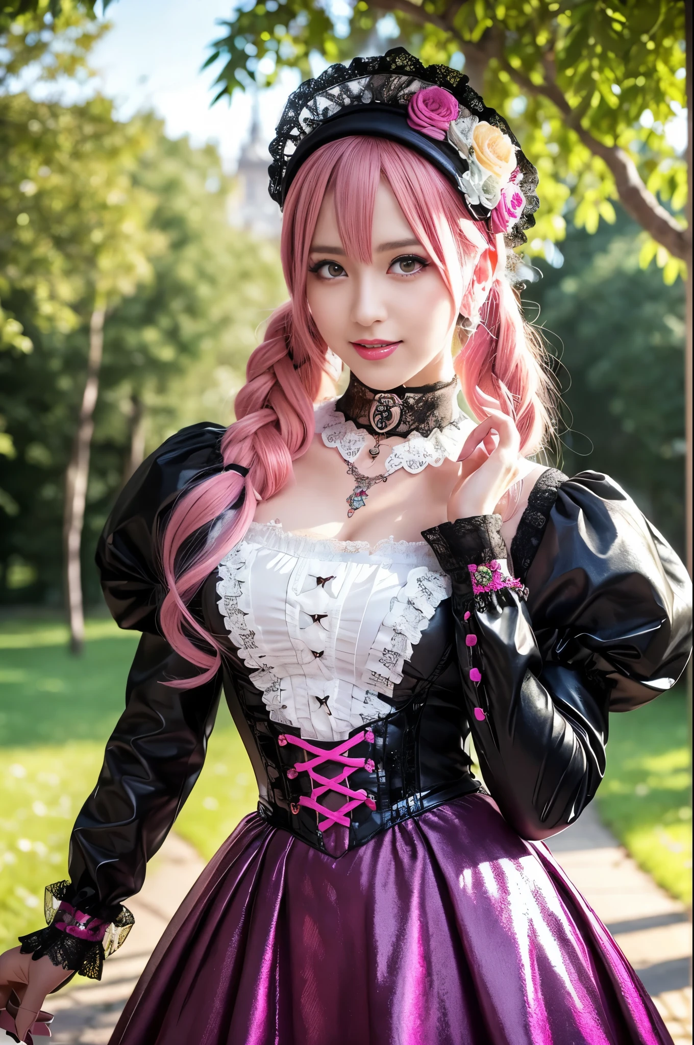 sexy stylish Swedish model, only 1 female, ((doll-like appearance)), long neon pink stylish hair, ((shiny Victorian-Style boots)), (big smile), ultra detailed eyes, very detailed eye makeup, lipgloss, long lashes, defined eyebrows, ((sexy Paradise Kiss cosplay)), bell-shaped skirt, petticoats, high neckline, puffed sleeves, ((ultra detailed lace)), ((ultra detailed embroidery)), intricate details, Paradise Kiss accessoires and matching headpiece, choker, ((large sparkling Paradise Kiss jewelry)), cinematic light, detailed large park background with trees