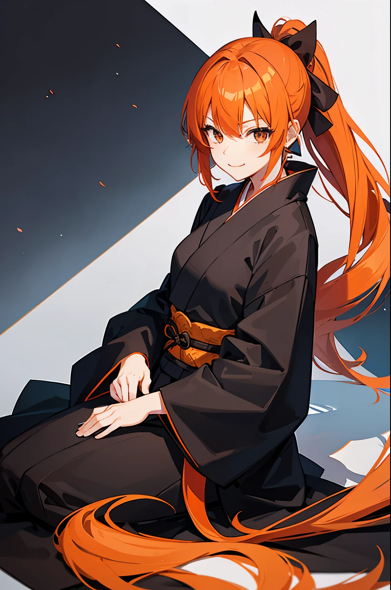 girl, orange hair, long hair, ponytail, black shihakusho, black kimono, black hakama, smile