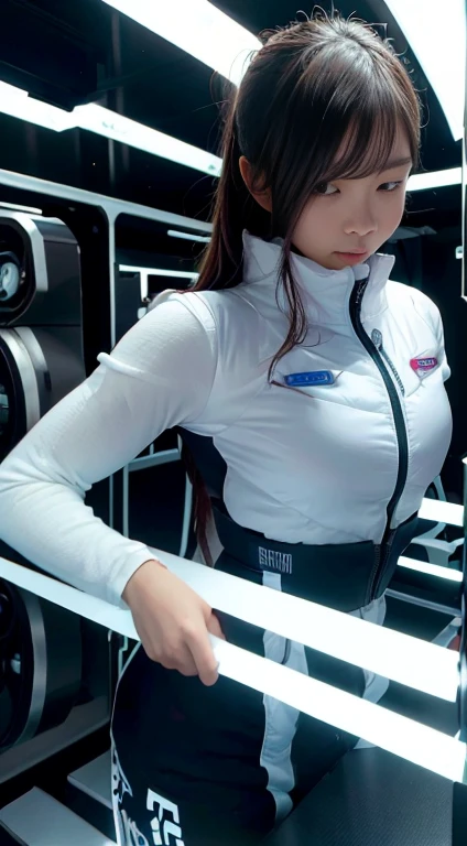 highest quality, Ultra-high resolution, (Realistic: 1.4), Inside the space station, Fitness Area, Astronaut training equipment, Zero Gravity Treadmill, Resistance Band Training Equipment, Floating Dumbbell, LED lighting, Wide々and space, Wall-mounted screen, Fitness equipment storage, Large windows with natural light, Globe seen from the window, Futuristic Design, And the fine details.
In the foreground, Young woman in futuristic training wear, Designed for space. She's stylish, Form-fitting silver and black exercise suit with reflective details, Ideal for zero gravity training. Her hair is tied in a high ponytail, She has a focused yet determined look on her face..
She is in training, standing on the Zero Gravity Treadmill, She is doing curls while holding a floating dumbbell in one hand. Her posture is strong and balanced, Showing off her fitness and poise. The camera angle is a little low, Capture her whole body in a dynamic pose, Highlighting the futuristic workout gear and advanced fitness equipment around her.
The background is the spacious Fitness Area of the space station, with LED lighting highlighting the advanced machinery. Large windows let in plenty of natural light, A spectacular view of the Earth, It creates a breathtaking contrast between the high-tech interior and the natural beauty of the space..