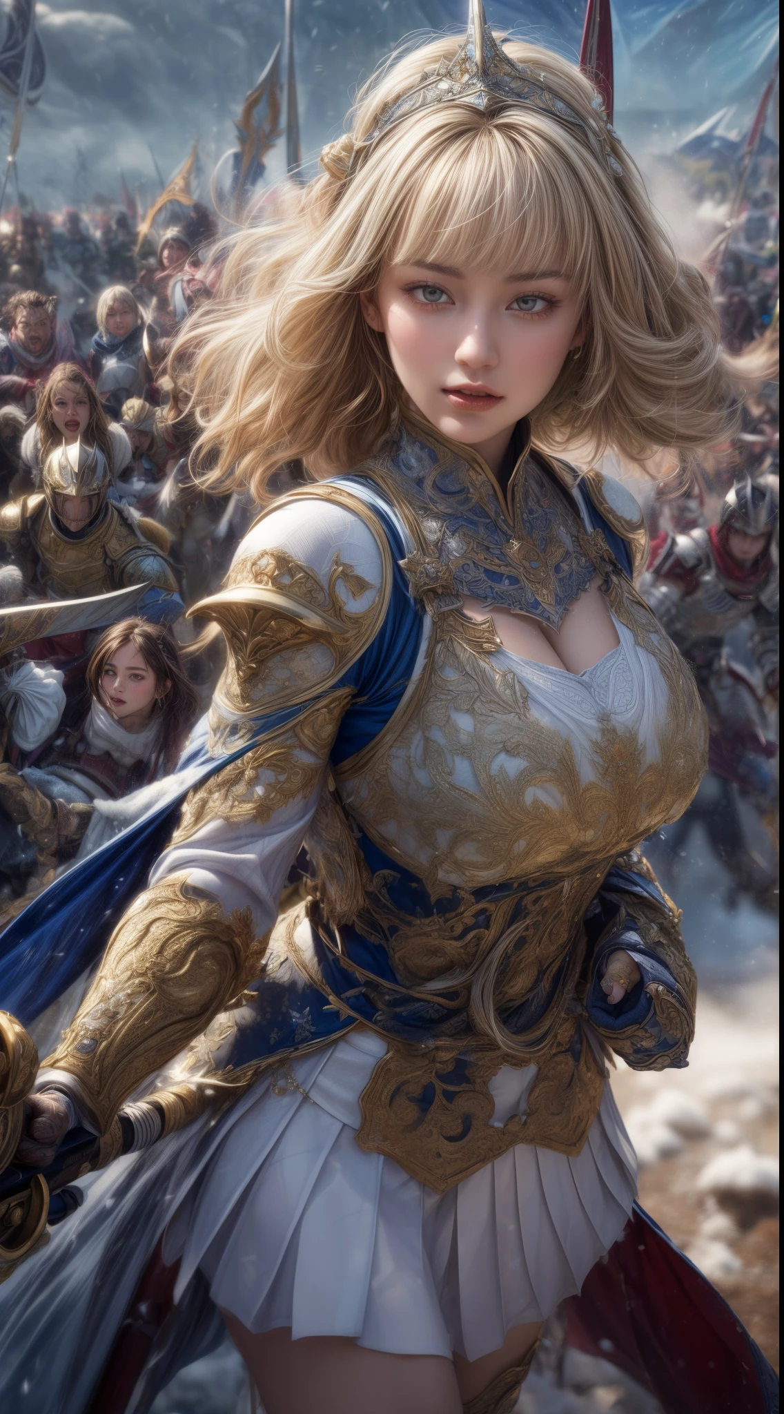 Very beautiful woman、Slender women、(Detailed face)、Realistic Skin、((holy knight)), ((Pearl White Armor))、((((Black armor with very fine and intricate decoration:1.1))))、((Delicate photo)),(Girl Astepeace RAW Photo Details:1.25), (highest quality:1.6), (超A high resolution:1.5), (Realistic:1.75), 8K resolution, Canon EOS R5, 50mm, Absurd, Ultra-detailed,Cinema Lighting,((battlefield))、((battle))、(((White skirt with embellishments)))、Thigh-high socks、Shin Guards、((Blonde))、((Curly Hair))、((Drill Hair))、((Wavy short hair with bangs,))、Get six-pack、Cape、Beautiful Armor、(((Has a huge weapon)))、(In combat)、The wind is blowing、((Symmetrical Armor))、((((Blizzard))))、(((Leading a large group of knights:1.2)))、Banner、Armor inspired by the ice goddess