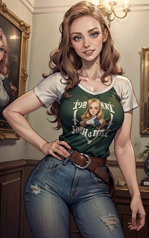 mulher de 35 anos, Jennifer Connelly very long to the waist and half curly with bangs, seios pequenos, olhos grandes com um brilho apaixonado, olhos verdes mel, Um lindo sorriso, vestindo uma camiseta preta longa com um terno feminino verde e jeans, in a serious and sweet comic-style pose, alta qualidade Jennifer Connelly (estilo de desenho animado:1.2),  [(lindas mulheres de meia idade]) desenho de vestindo um moletom folgado e oversized, grande sorriso, olhos perfeitos, rosto detalhado, fundo de festa, pose divertida, olhar sedutor, confete, fundo branco simples 