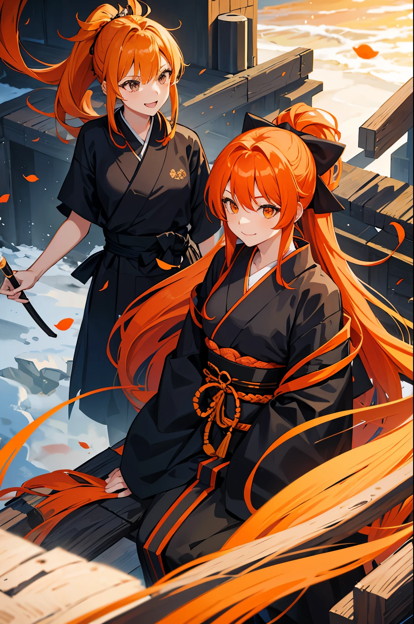 girl, orange hair, long hair, ponytail, black shihakusho, black kimono, black hakama, smile