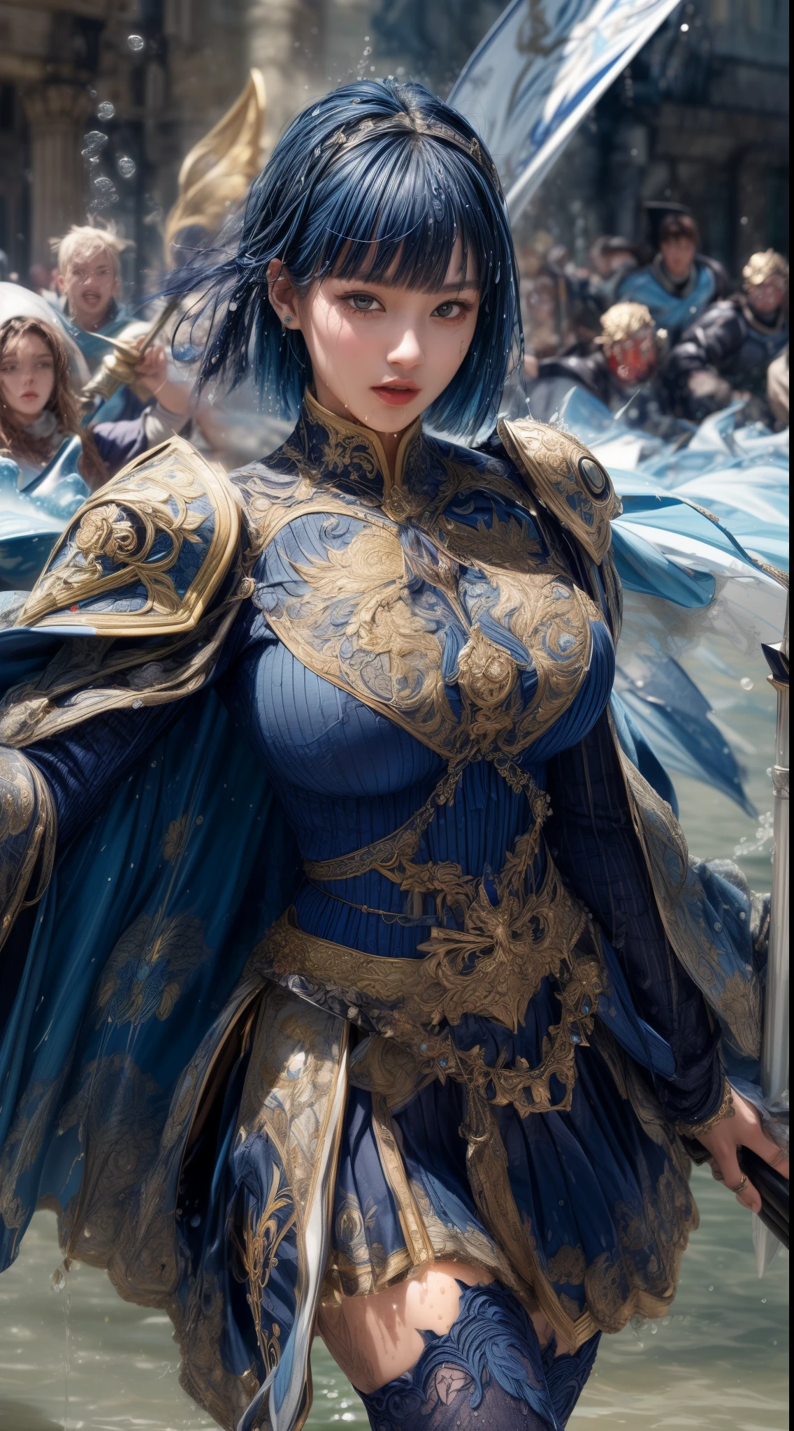 Very beautiful woman、Slender women、(Detailed face)、Realistic Skin、((holy knight)), ((Navy Blue Armor))、((((Black armor with very fine and intricate decoration:1.1))))、((Delicate photo))，(Girl Astepeace RAW Photo Details:1.25), (highest quality:1.6), (超A high resolution:1.5), (Realistic:1.75), 8K resolution, Canon EOS R5, 50mm, Absurd, Ultra-detailed,Cinema Lighting,((battlefield))、((battle))、(((Navy Skirt with Embellishments)))、Thigh-high socks、Shin Guards、((Dark blue hair))、((Bowl cut hairstyle with bangs,))、Get six-pack、Cape、Beautiful Armor、(((Has a huge weapon)))、(In combat)、The wind is blowing、((Symmetrical Armor))、((((Splash))))、(((Leading a large group of blue knights:1.2)))、Round Glasses:1.4、Banner、Armor with a dragon motif、