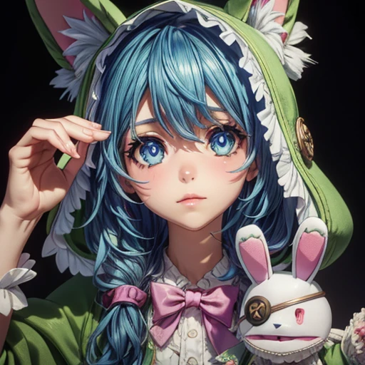 Masterpiece, best quality, best illustration, HDR, beautiful details, intricate details, detailed scenery, dramatic light, best shadow. 1 Girl, Yoshino, blue eyes, blue hair, long hair, animal ears, BREAK animal hood, coat, eye patch, green shoes, hand puppet, rabbit puppet, stuffed animal, stuffed toy, BREAK A girl has blue hair, long hair, (beautiful detailed eyes: 1.6), (bright eyes), separated pink lips, blush, (beautiful detailed face with perfect symmetry), (perfect skin with anatomical shape, correct texture perfect, high details, glowing skin). perfect lighting, vivid colors, depth of field