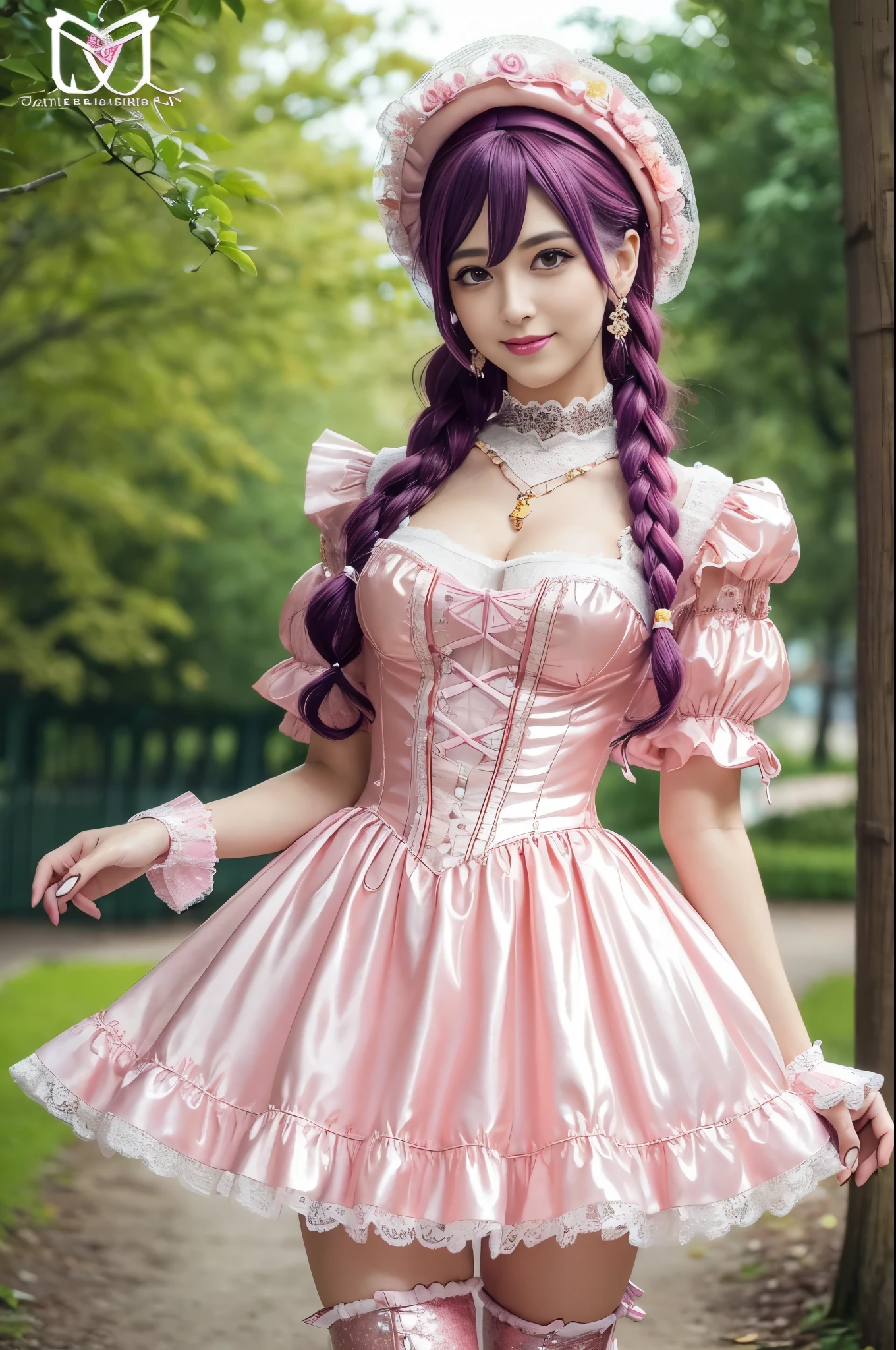 sexy stylish Swedish model, only 1 female, ((doll-like appearance)), long neon pink stylish hair, ((shiny Victorian-Style boots)), (big smile), ultra detailed eyes, very detailed eye makeup, lipgloss, long lashes, defined eyebrows, ((sexy Paradise Kiss cosplay)), bell-shaped skirt, petticoats, high neckline, puffed sleeves, ((ultra detailed lace)), ((ultra detailed embroidery)), intricate details, Paradise Kiss accessoires and matching headpiece, choker, ((large sparkling Paradise Kiss jewelry)), cinematic light, detailed large park background with trees