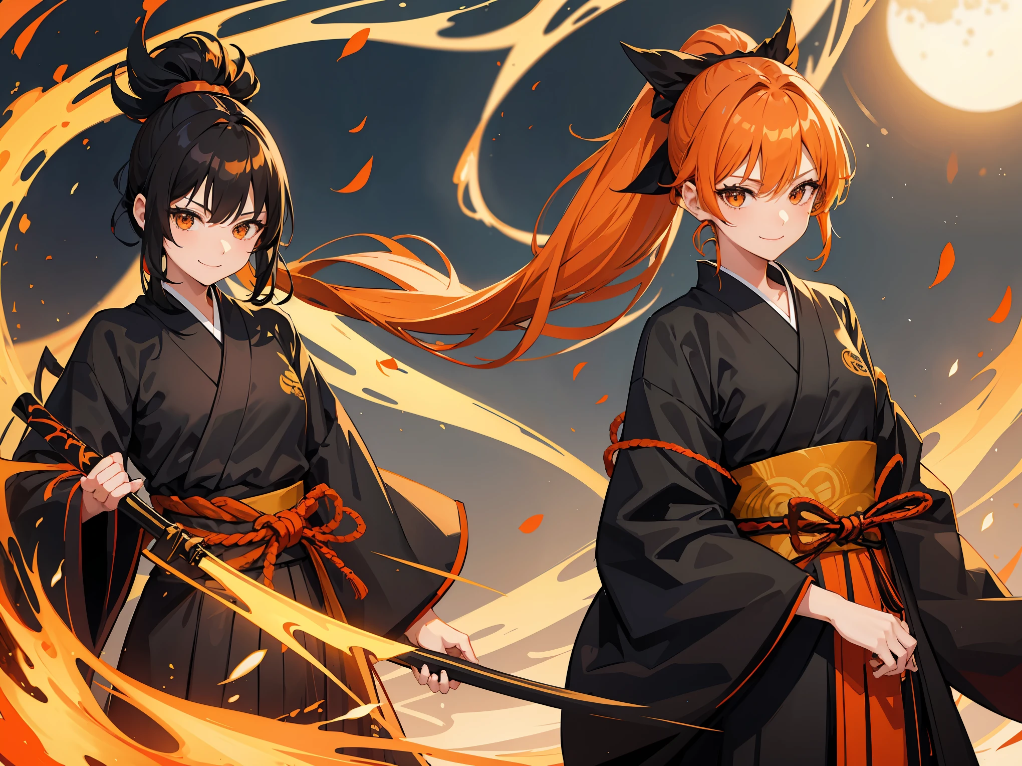 girl, orange hair, long hair, ponytail, black shihakusho, black kimono, black hakama, smile