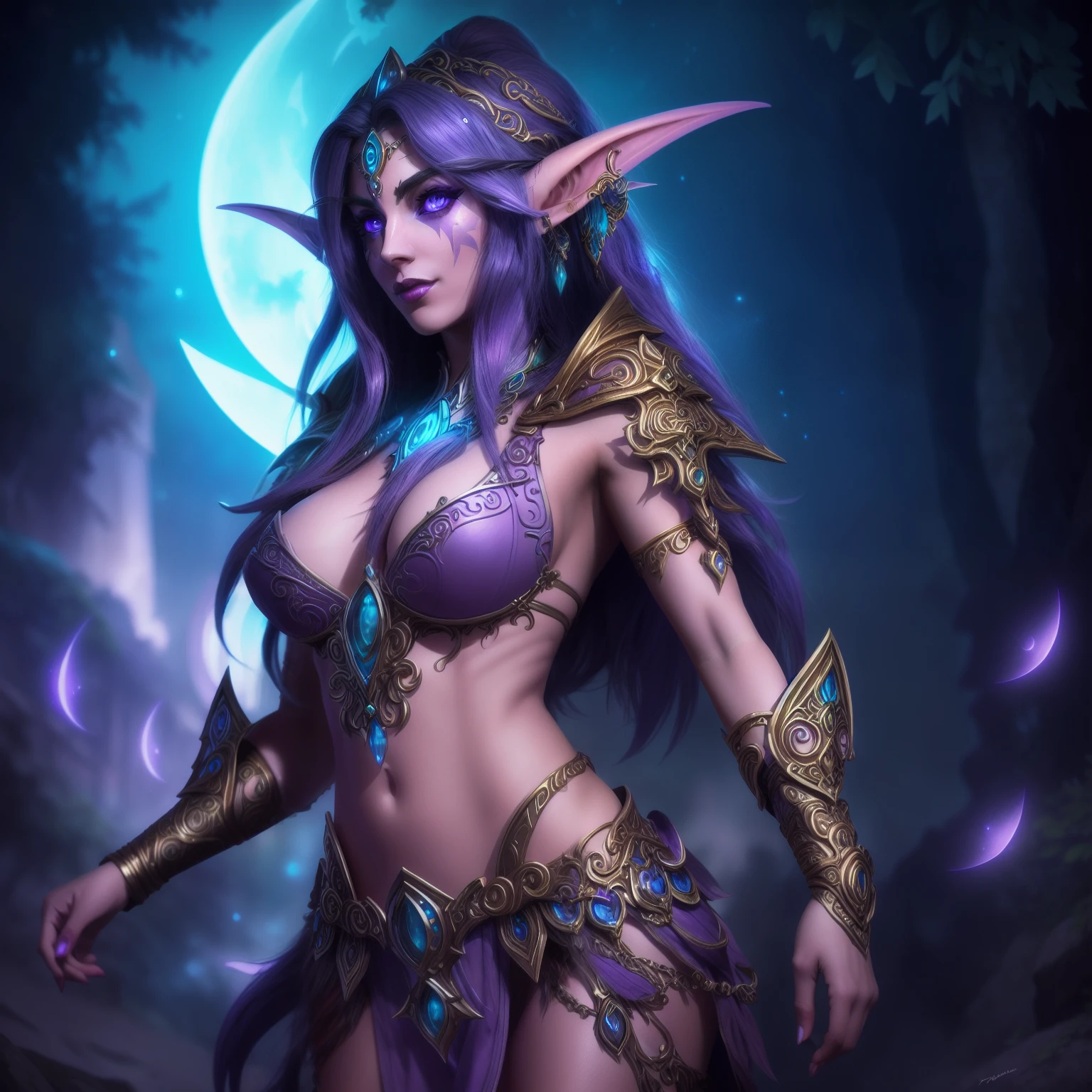 a full body frontal total photograph of a purple skinned night elf tyrande whisperwind, hands free, photorealistic, beautiful face, high quality, 4k, hdr