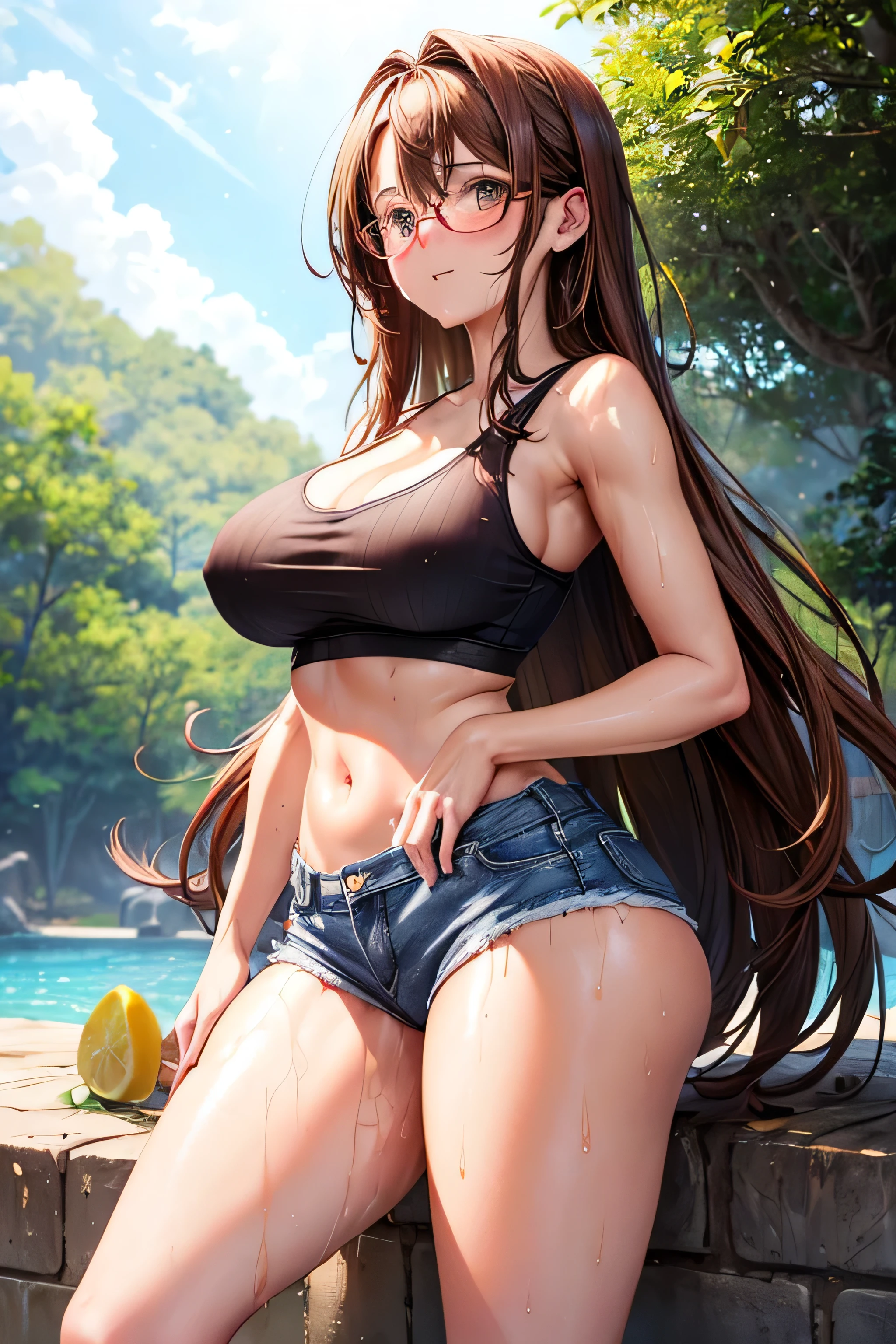 High resolution, high quality, One girl, Anime Girls,Brown long hair, Brown eyes, Pink Glasses,heart shaped pupils,Sunburned skin, Large Breasts,beautiful breasts,pointy breasts,(Big Ass),beautiful ass,Embarrassed,sweat,wet,Tank Top,jeans,lower body,White knee socks,standing,(open legs),at park,(lemon juice),