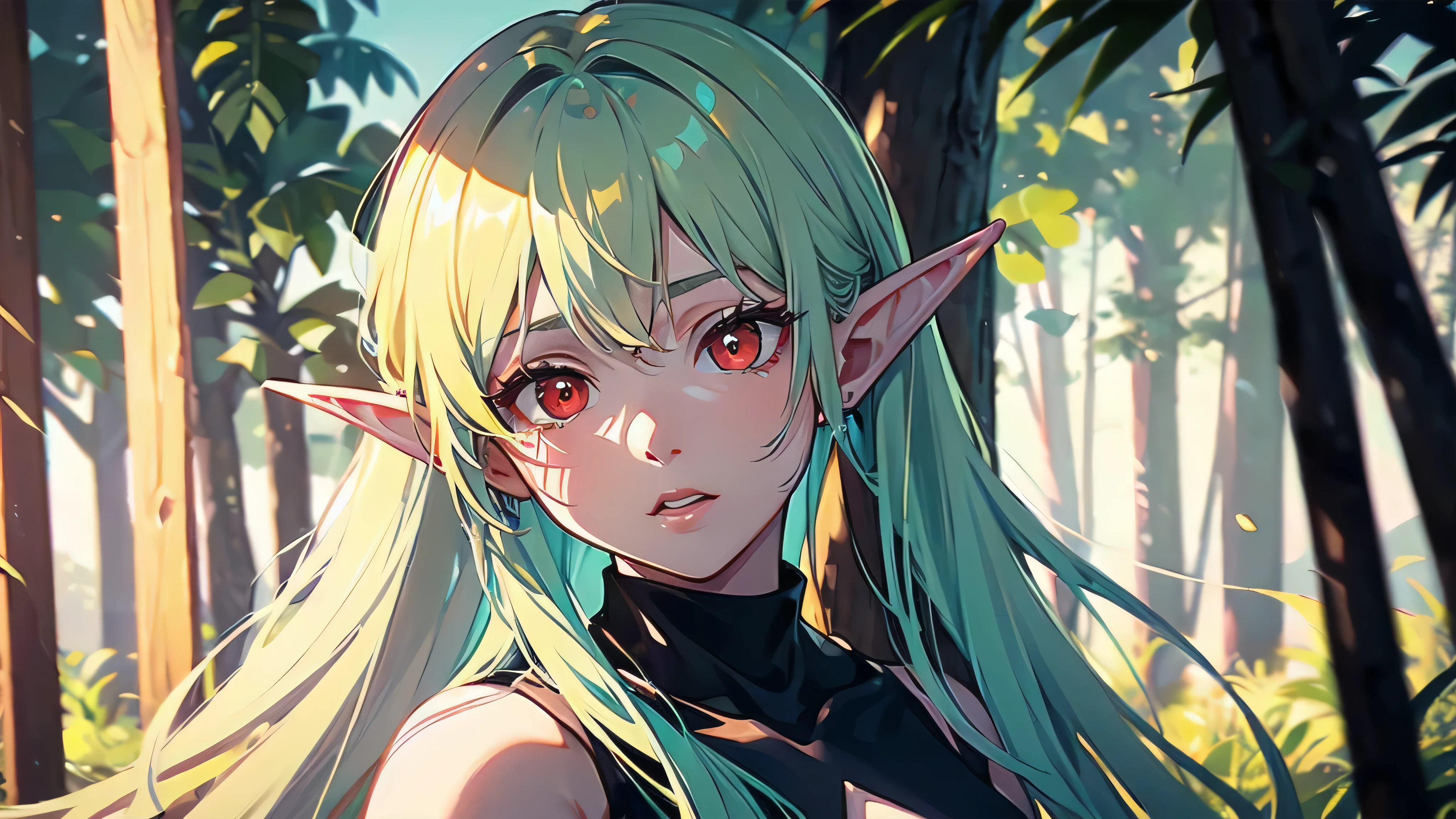 RAW, Realism, hyperrealism, ray tracing, high details, super detail, UHD, 8k, professional photograph, movie photograph, medium shot, Female elf, twenty years old, night, athletic body, soft facial features, long hair, straight hair, (((pacific cyan hair))), (((red eyes faded to yellow))), long white dress, emerald sword, foggy forest