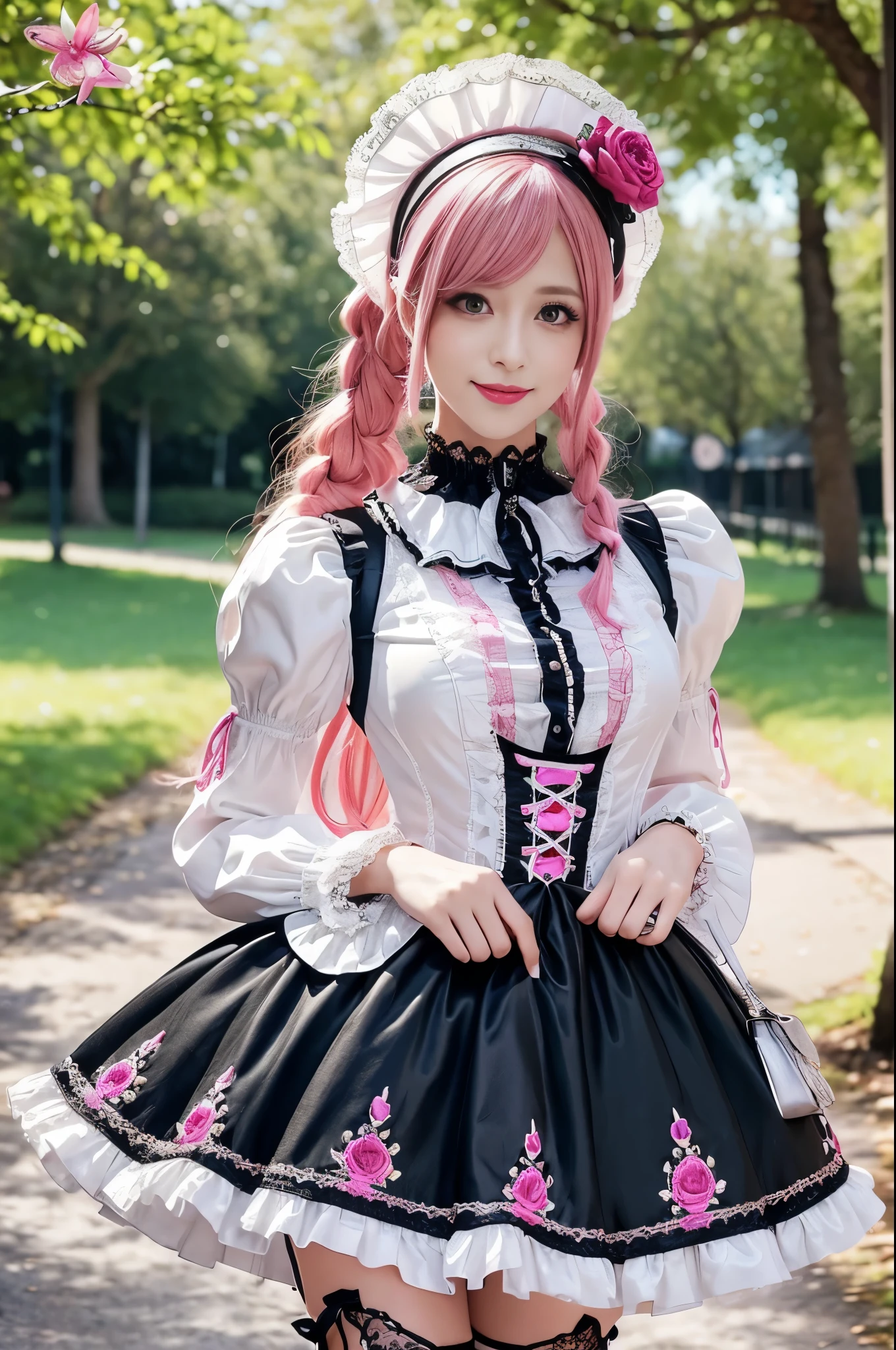 sexy stylish Swedish model, only 1 female, ((doll-like appearance)), long neon pink stylish hair, ((shiny Victorian-Style boots)), (big smile), ultra detailed eyes, very detailed eye makeup, lipgloss, long lashes, defined eyebrows, ((sexy Paradise Kiss cosplay)), bell-shaped skirt, petticoats, high neckline, puffed sleeves, ((ultra detailed lace)), ((ultra detailed embroidery)), intricate details, Paradise Kiss accessoires and matching headpiece, choker, ((large sparkling Paradise Kiss jewelry)), cinematic light, detailed large park background with trees