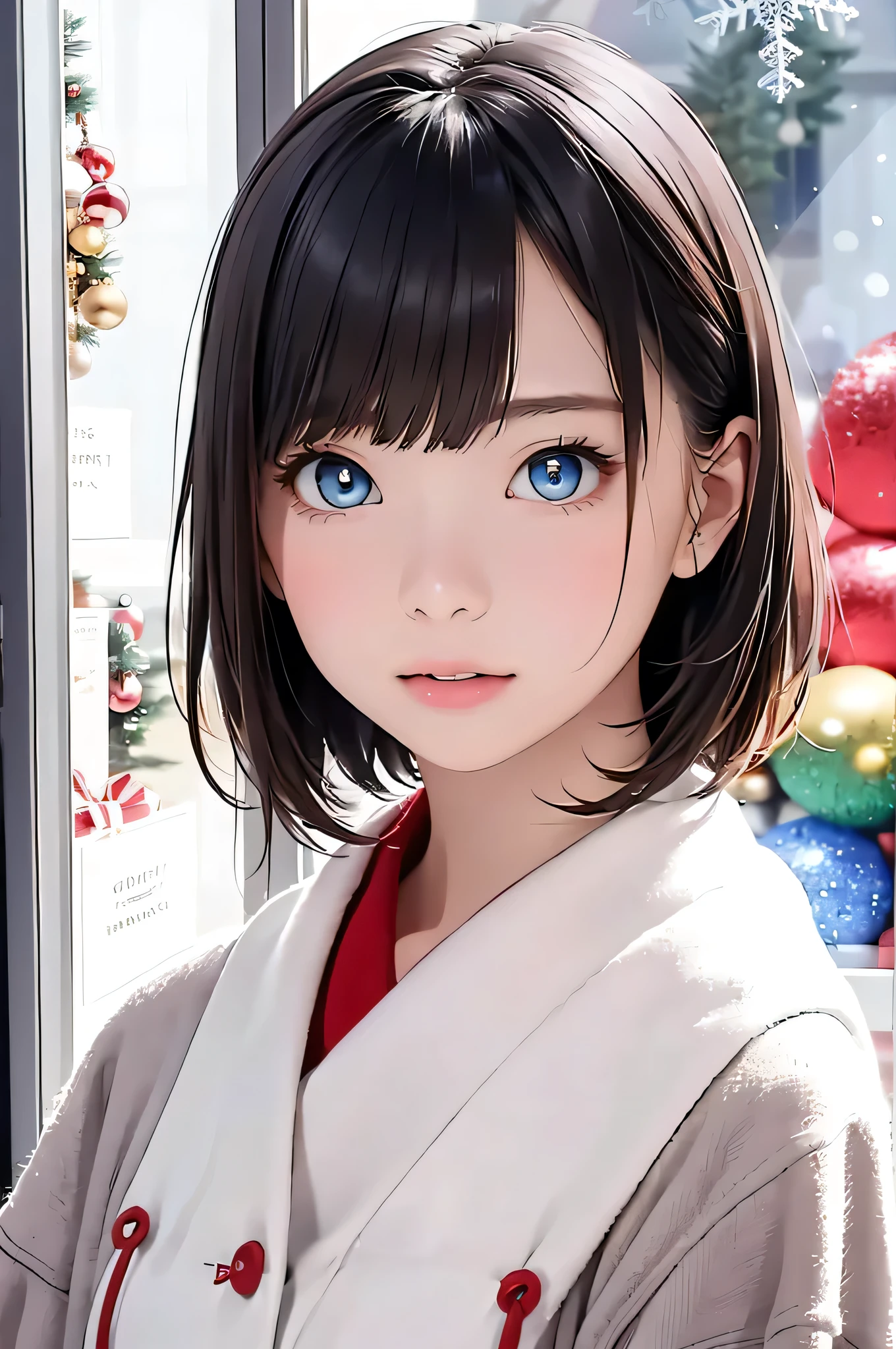 masterpiece、Highest quality、Ultra-fine、32K、(Real:1.4)、Ultra-high resolution、Female college 、Winter Fashion、The pupils shine、 (Narrow and beautiful eyes:1.6)、Symmetrical、Highly detailed face、Perfect lighting、(Perfect Anatomy)、(stand in front of a Christmas show window:1)、Best image quality、Characteristics of short hair、high quality、Visual Arts、