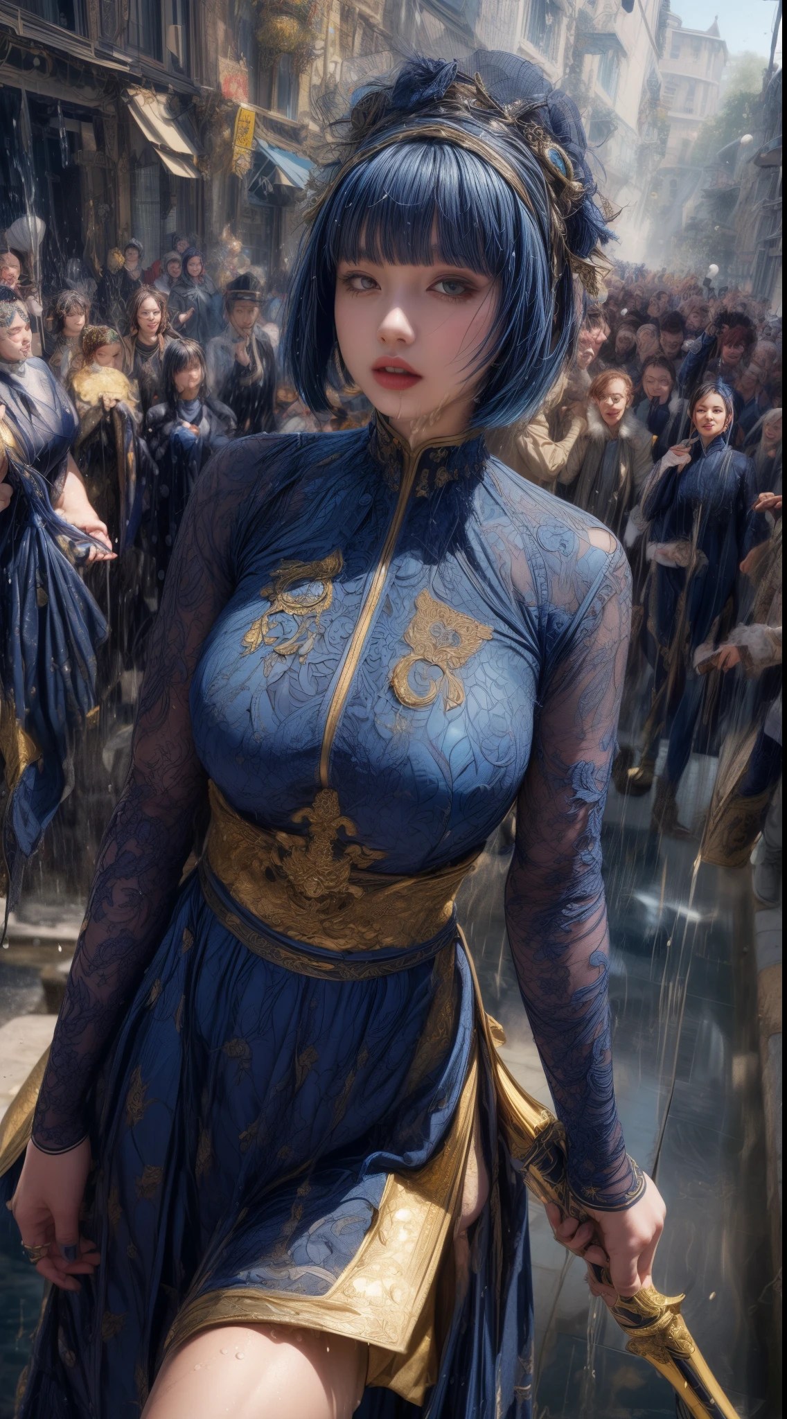 Very beautiful woman、Slender women、(Detailed face)、Realistic Skin、((holy knight)), ((Navy Blue Armor))、((((Black armor with very fine and intricate decoration:1.1))))、((Delicate photo)),(Girl Astepeace RAW Photo Details:1.25), (highest quality:1.6), (超A high resolution:1.5), (Realistic:1.75), 8K resolution, Canon EOS R5, 50mm, Absurd, Ultra-detailed,Cinema Lighting,((battlefield))、((battle))、(((Navy Skirt with Embellishments)))、Thigh-high socks、Shin Guards、((Dark blue hair))、((Bowl cut hairstyle with bangs,))、Get six-pack、Cape、Beautiful Armor、(((Has a huge weapon)))、(In combat)、The wind is blowing、((Symmetrical Armor))、((((Splash))))、(((Leading a large group of blue knights:1.2)))、Round Glasses:1.4、Banner、Armor with a dragon motif、