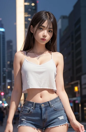 a lot of details, (slender waist), 30 years old, detailed black hair, beautiful detailed hair, super fucking beautiful, complex details beautiful and delicate eyes, perfect hands, (small breasts best quality), perfect and delicate limbs, detailed skin, best quality, ultra-detailed,
Full body shot, ((standing in front of Yamaha's V-MAX)), dazzling cityscape, skyscrapers, neon signs, LED lights, (camisole, bare shoulders, cleavage, crop top, cutoffs, denim shorts, midriff, short shorts, spaghetti strap), low angle shot, intense wide shot, (moonlight:1.2), wide-angle lens, in focus with blurred background