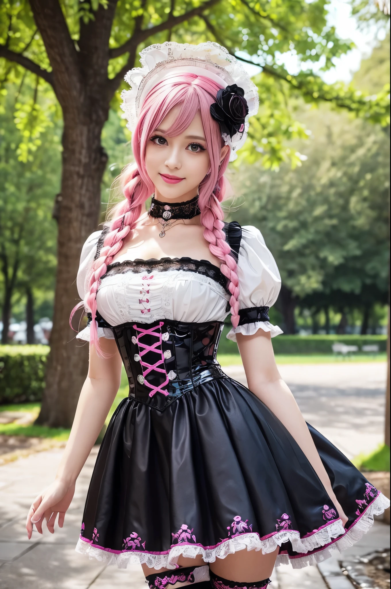 sexy stylish Swedish model, only 1 female, ((doll-like appearance)), long neon pink stylish hair, ((shiny Victorian-Style boots)), (big smile), ultra detailed eyes, very detailed eye makeup, lipgloss, long lashes, defined eyebrows, ((sexy Paradise Kiss cosplay)), bell-shaped skirt, petticoats, high neckline, puffed sleeves, ((ultra detailed lace)), ((ultra detailed embroidery)), intricate details, Paradise Kiss accessoires and matching headpiece, choker, ((large sparkling Paradise Kiss jewelry)), cinematic light, detailed large park background with trees 