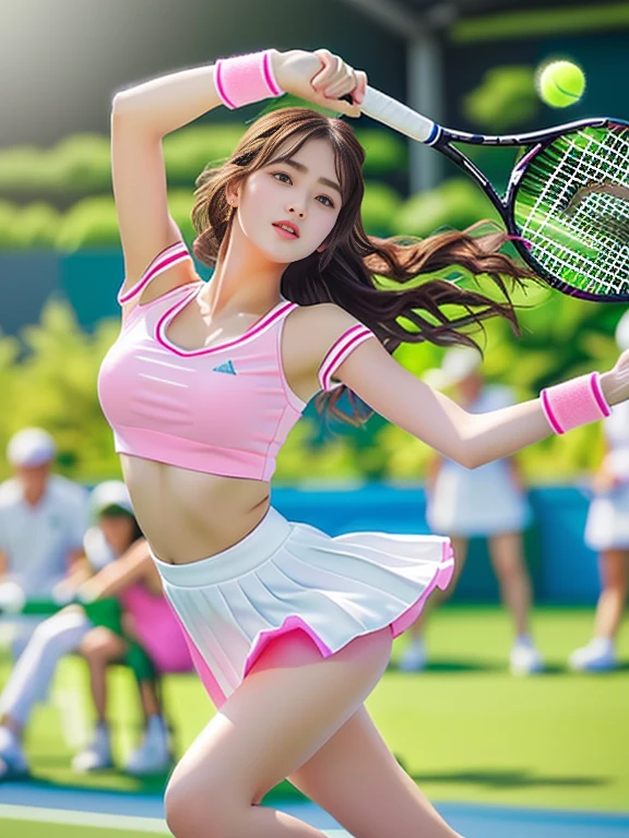 Photo-realistic quality、Wearing white tennis wear and swinging a racket20Age idol, pale pink skirt, a girl Playing tennis, Playing tennis,realistic tennis racket、Detailed and beautiful eyes、Soft and gentle expression、Looking at the camera